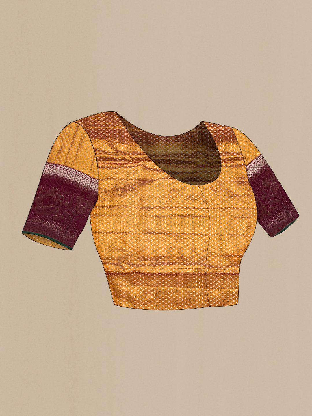 Close up image of the blouse of Gold Dual Tone Kanjivaram Tissue Silk Saree with Zari Brocade on the body and Zari Border. 