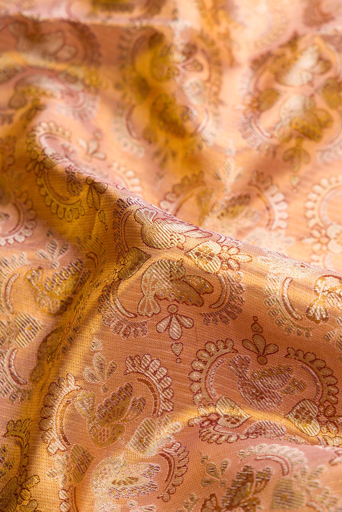 Close up of Gold Dual Tone Kanjivaram Tissue Silk Saree with Zari Brocade on the body and Zari Border.  displaying folds