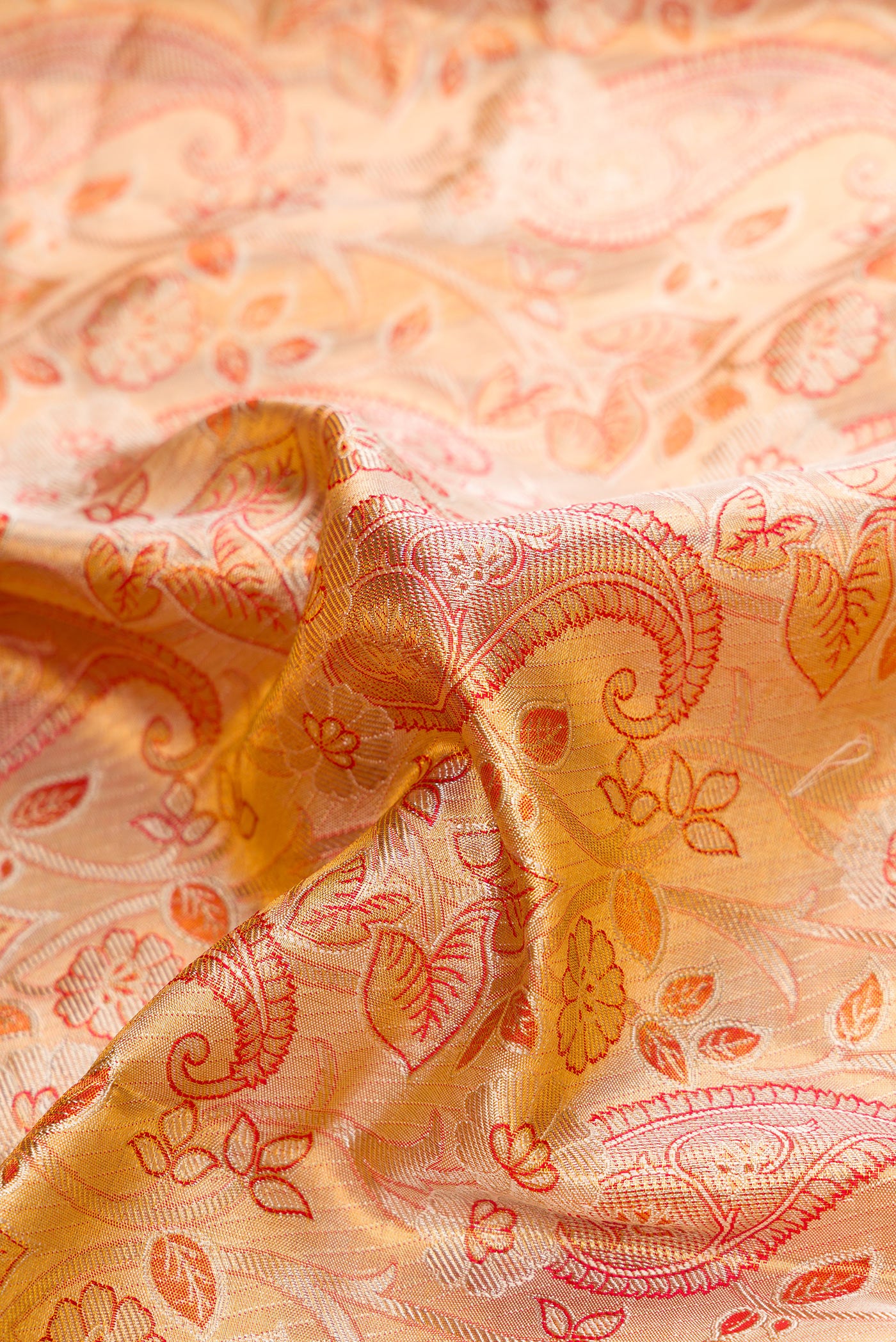 Close up of Gold Dual Tone Kanjivaram Tissue Silk Saree with Zari Brocade on the body and Fancy Border.  displaying folds