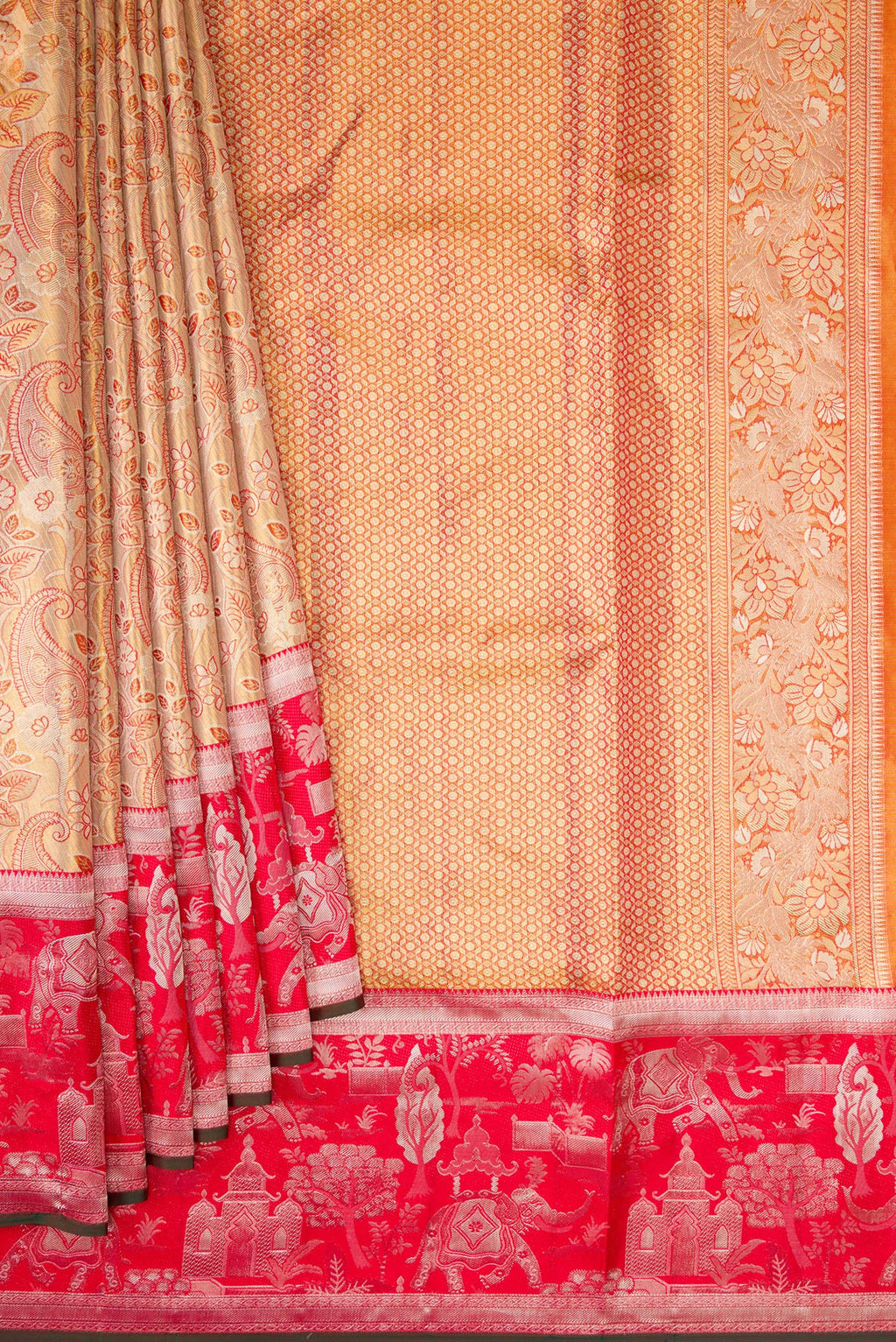 Pleats and pallu of Gold Dual Tone Kanjivaram Tissue Silk Saree with Zari Brocade on the body and Fancy Border. 