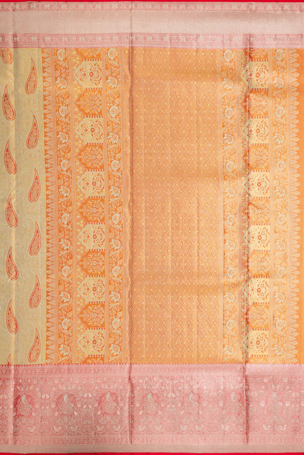 Close up image of the pallu of Pista Green Dual Tone Kanjivaram Tissue Silk Saree with Zari Brocade on the body and Zari Border. 
