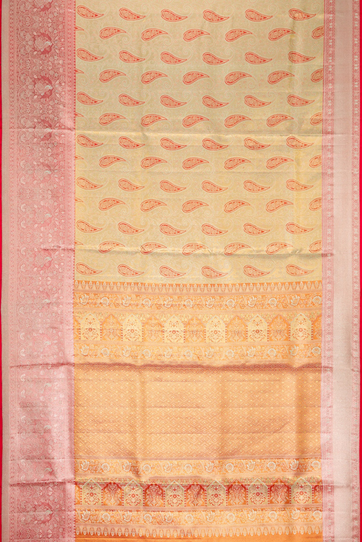 Flat view of Pista Green Dual Tone Kanjivaram Tissue Silk Saree with Zari Brocade on the body and Zari Border. 