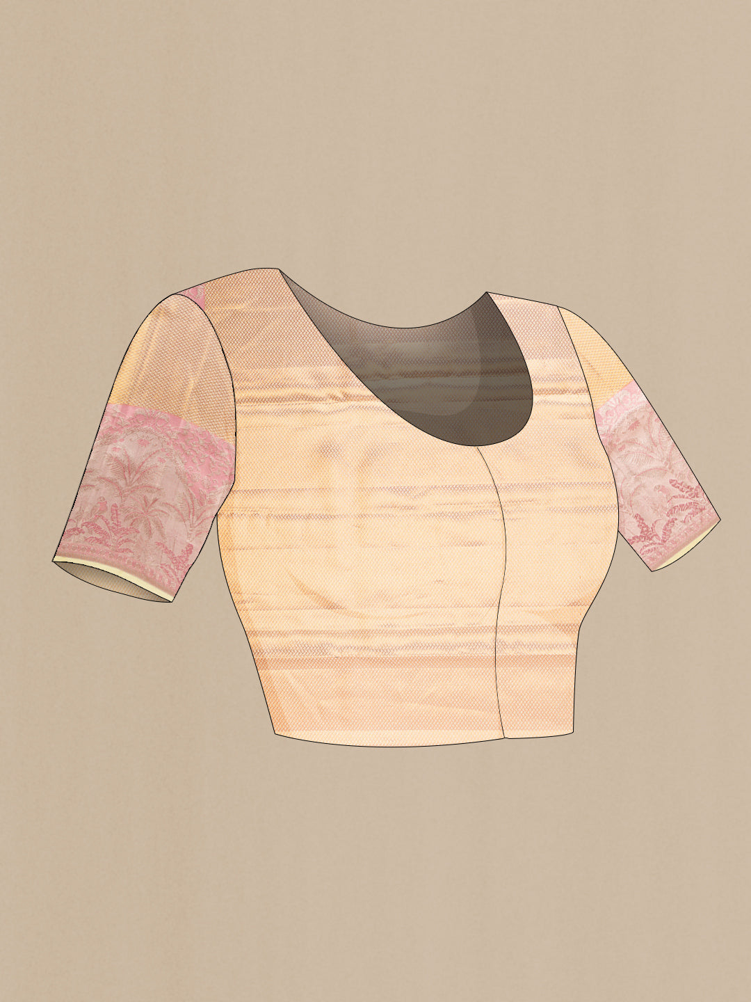 Close up image of the blouse of Rose Gold Dual Tone Kanjivaram Tissue Silk Saree with Zari Brocade on the body and Fancy Border. 