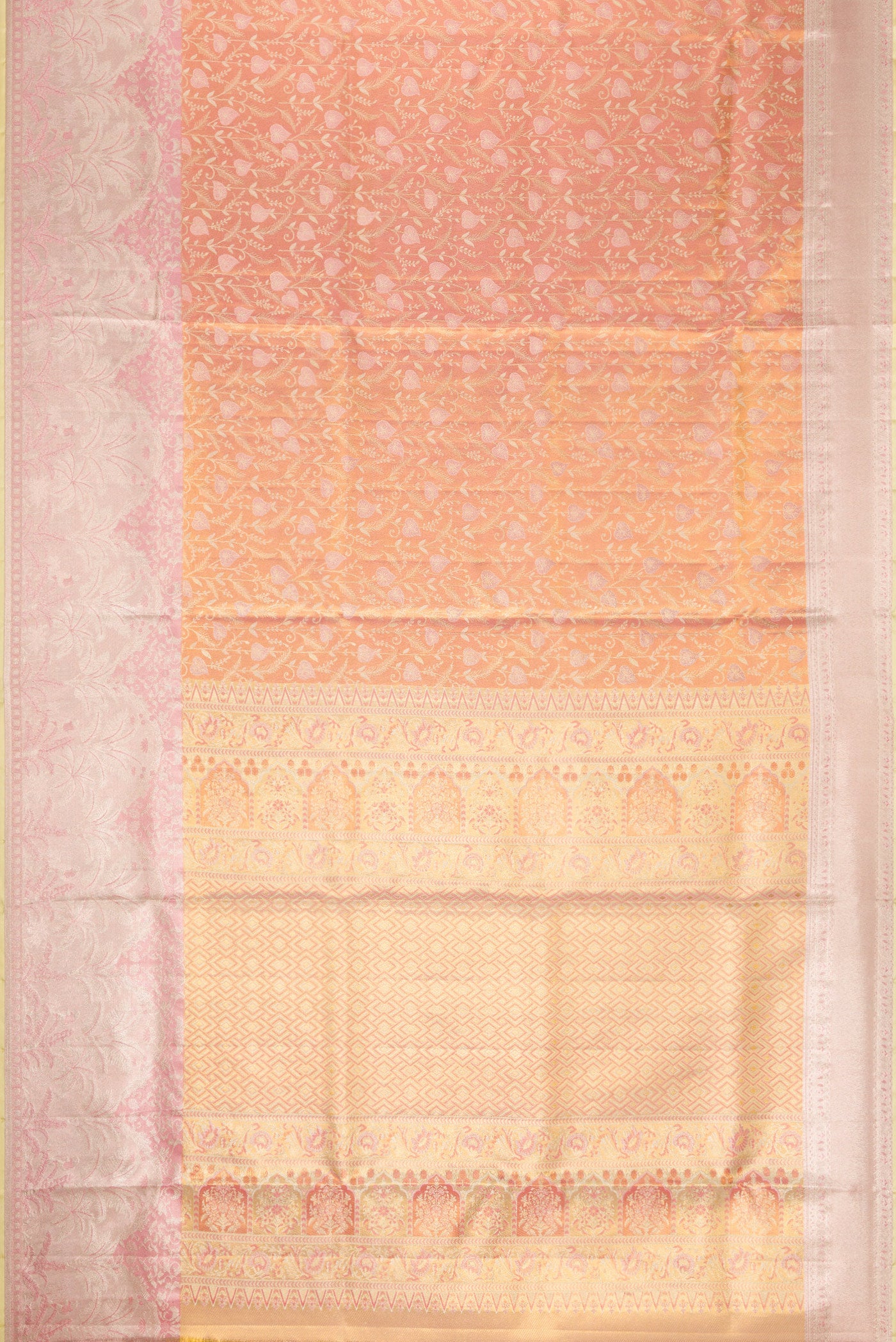 Flat view of Rose Gold Dual Tone Kanjivaram Tissue Silk Saree with Zari Brocade on the body and Fancy Border. 
