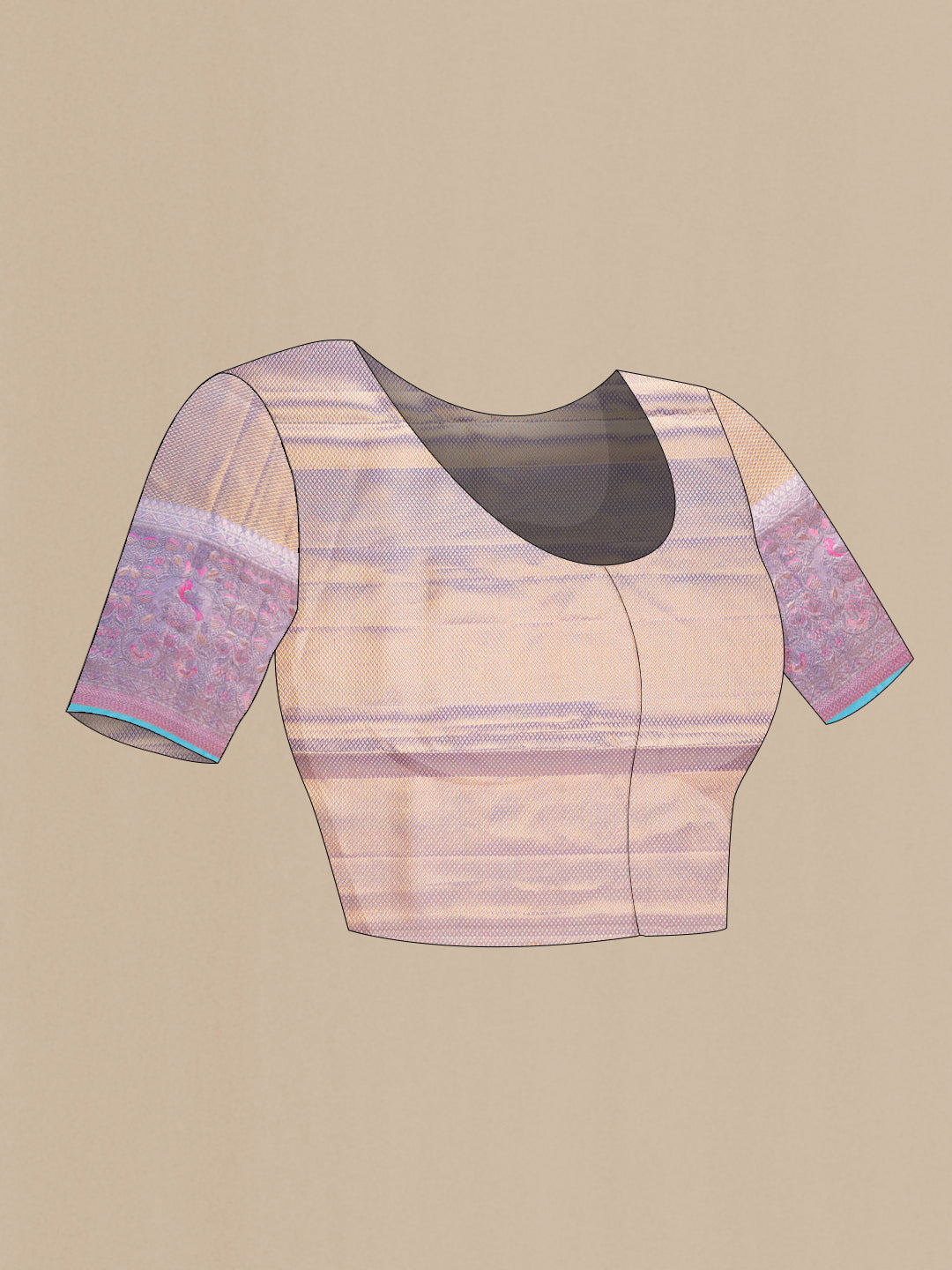 Close up image of the blouse of Pink Dual Tone Kanjivaram Tissue Silk Saree with Zari Brocade on the body and Zari Border. 