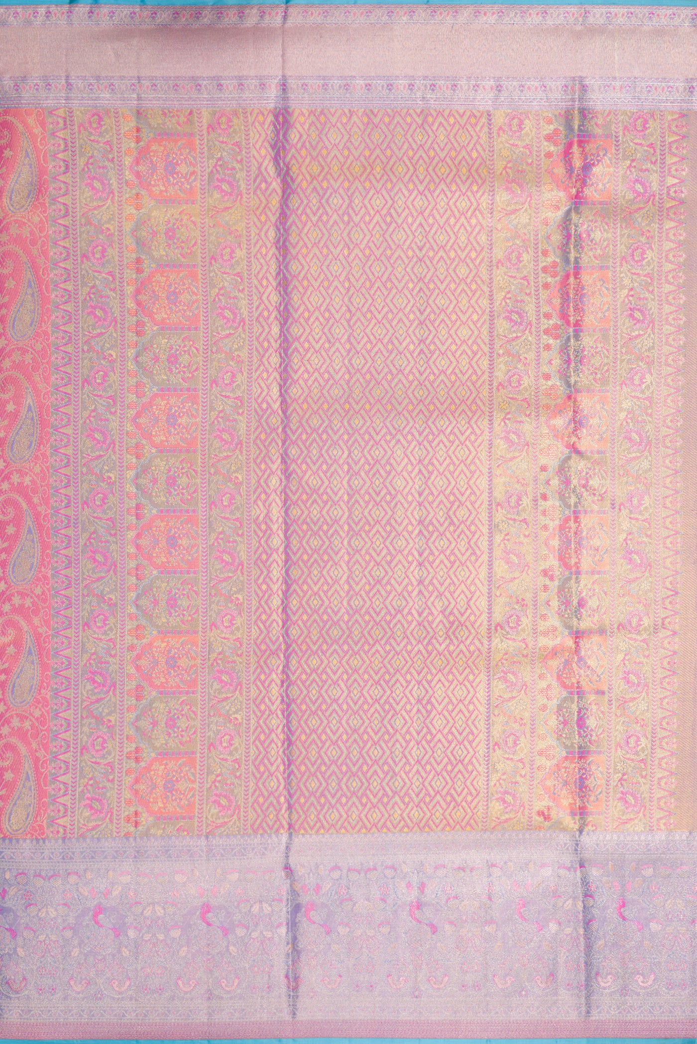 Close up image of the pallu of Pink Dual Tone Kanjivaram Tissue Silk Saree with Zari Brocade on the body and Zari Border. 