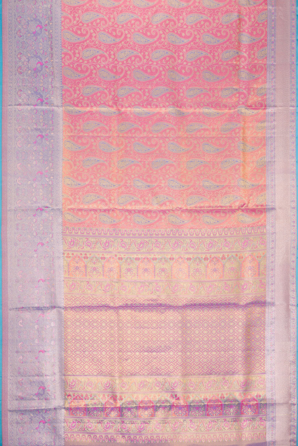 Flat view of Pink Dual Tone Kanjivaram Tissue Silk Saree with Zari Brocade on the body and Zari Border. 