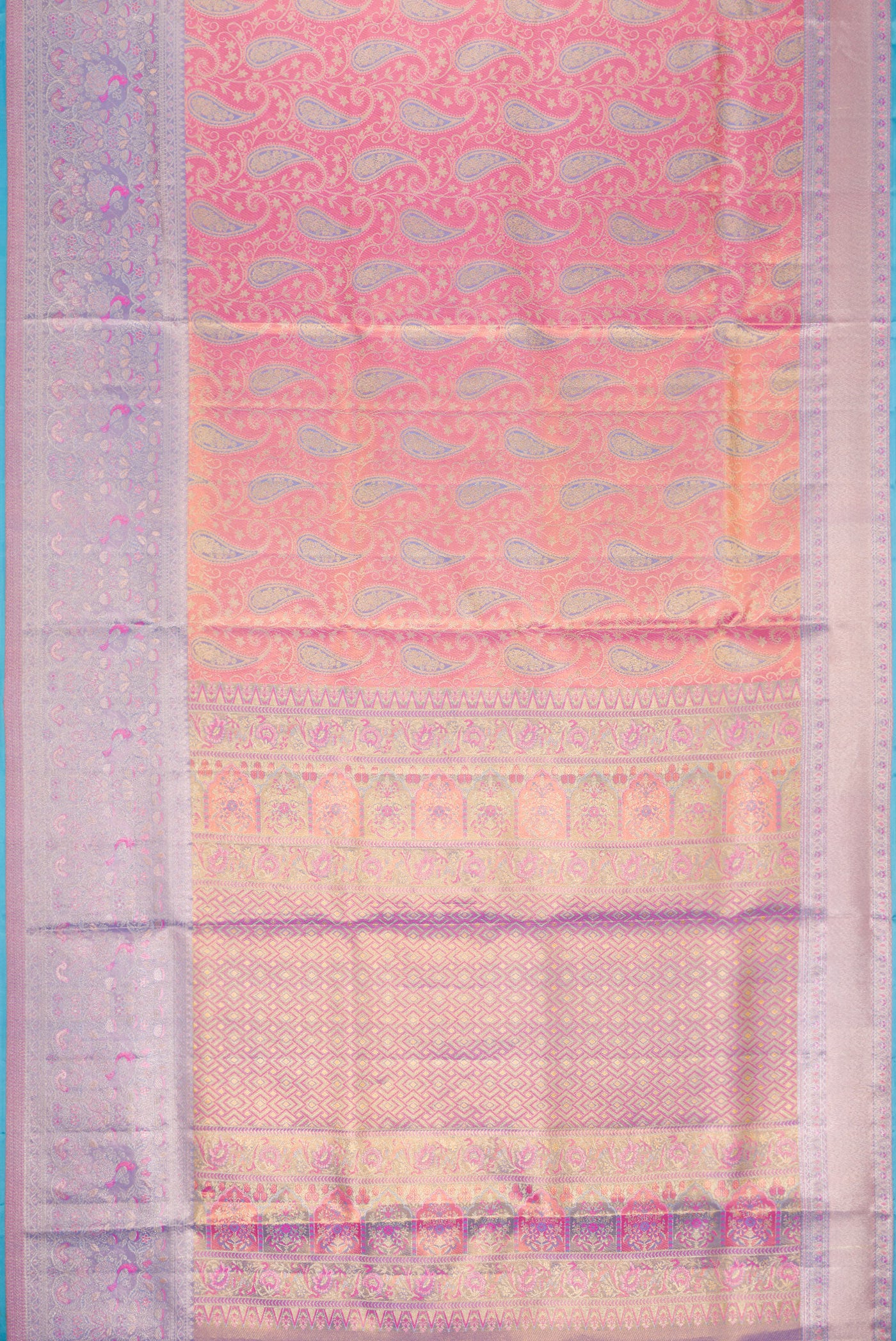 Flat view of Pink Dual Tone Kanjivaram Tissue Silk Saree with Zari Brocade on the body and Zari Border. 