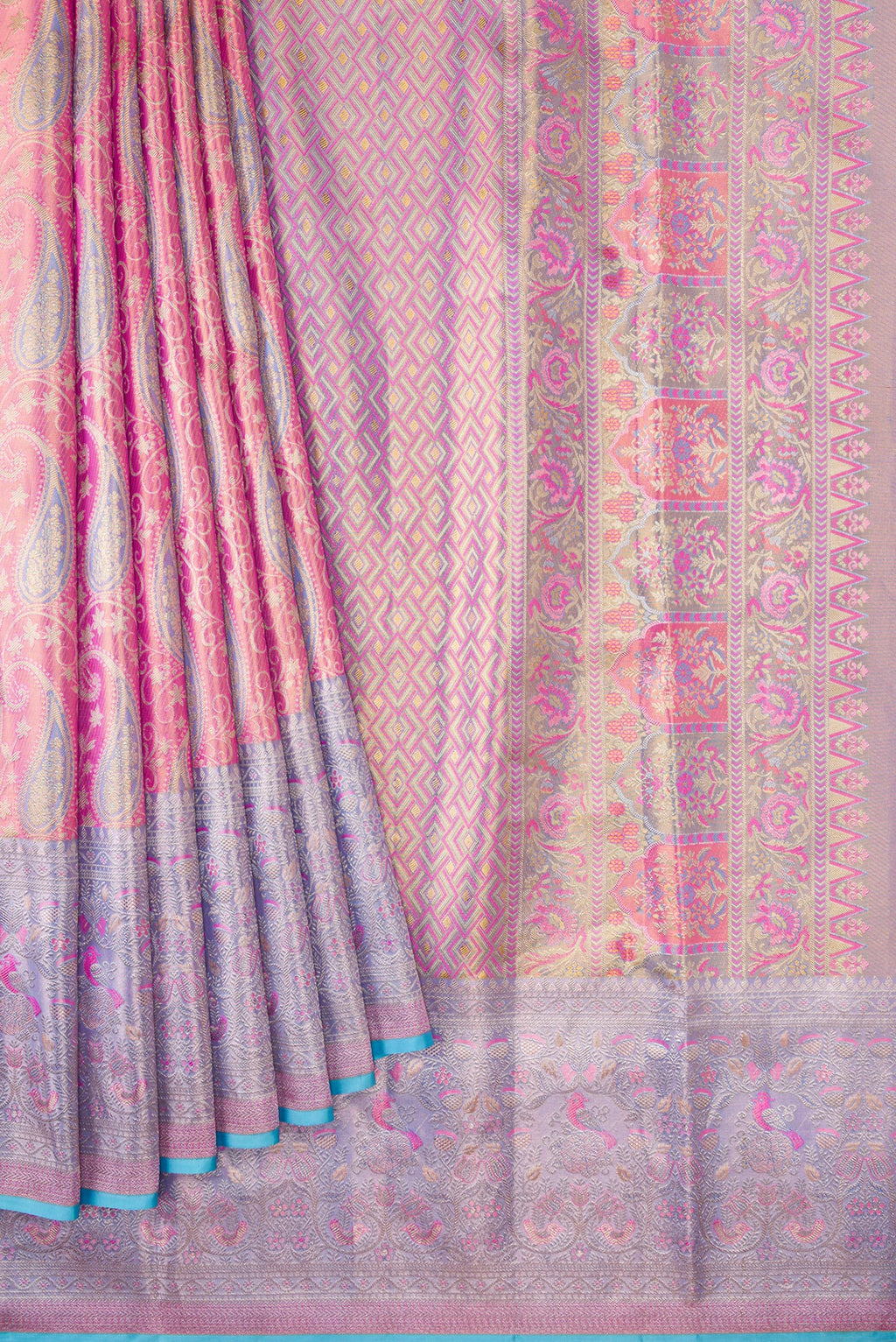 Pleats and pallu of Pink Dual Tone Kanjivaram Tissue Silk Saree with Zari Brocade on the body and Zari Border. 