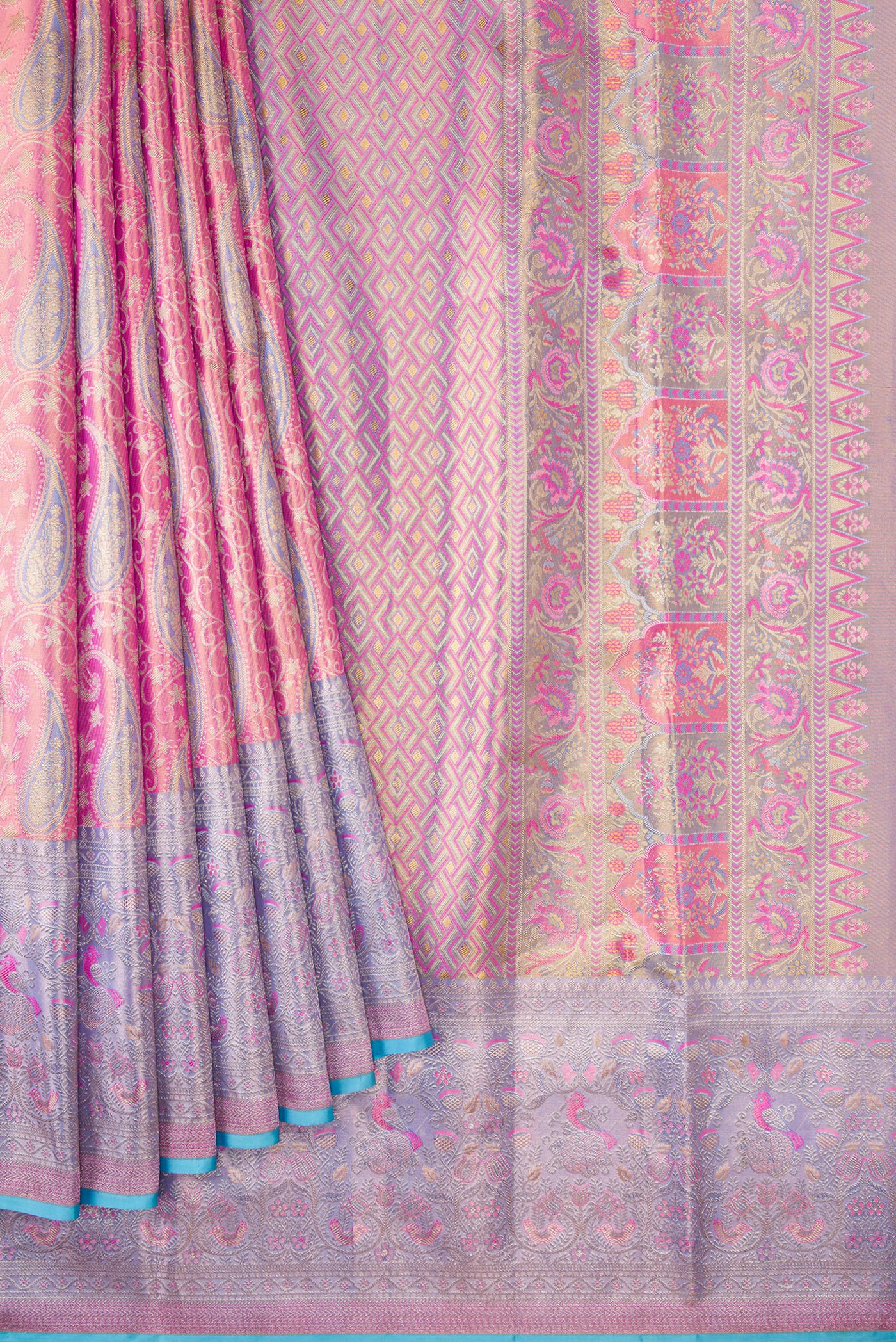 Pleats and pallu of Pink Dual Tone Kanjivaram Tissue Silk Saree with Zari Brocade on the body and Zari Border. 