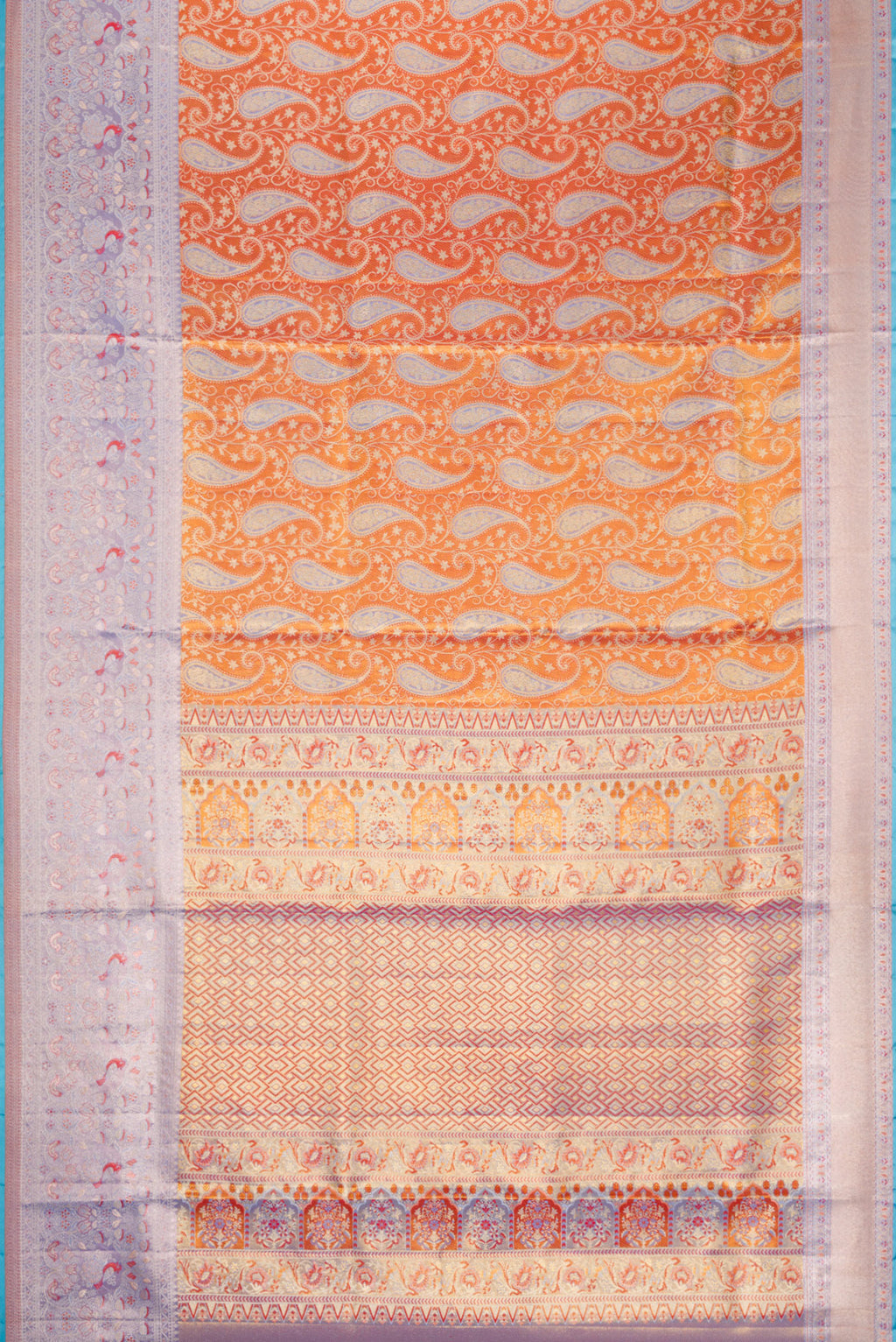 Flat view of Orange Dual Tone Kanjivaram Tissue Silk Saree with Zari Brocade on the body and Fancy Border. 