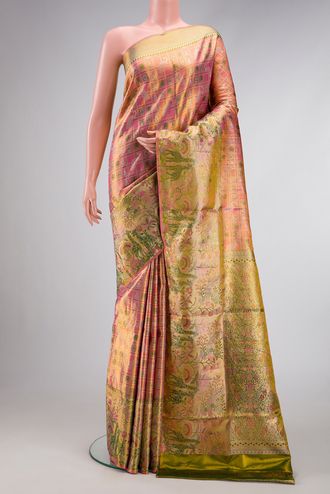 Pink Dual Tone Kanjivaram Tissue Silk Saree with Zari Brocade on the body and Fancy Border.  displayed on a mannequin