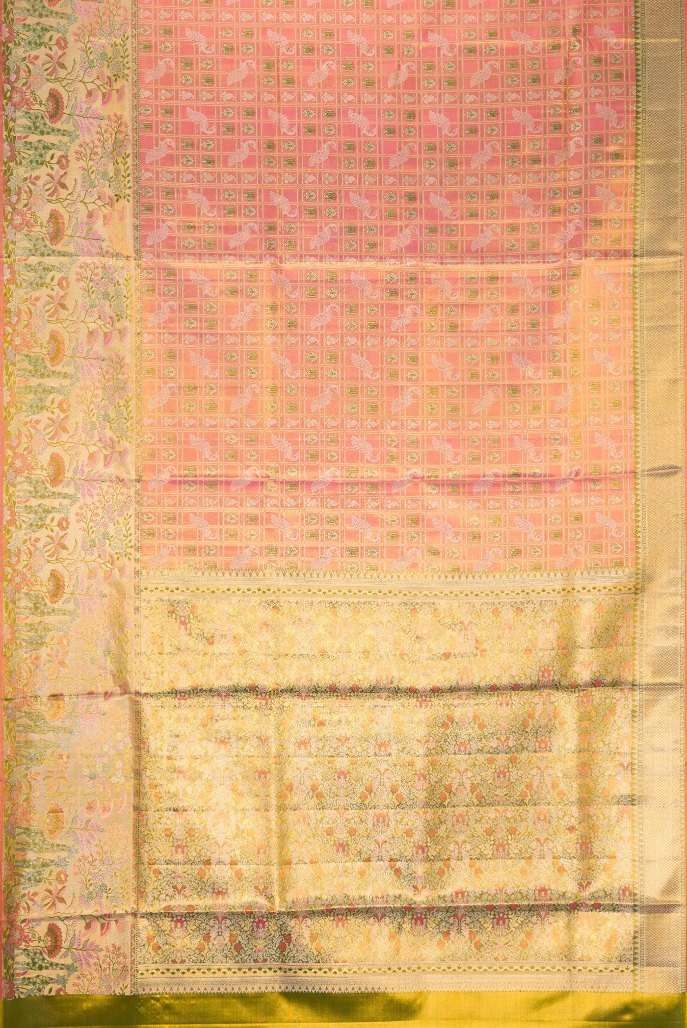 Flat view of Pink Dual Tone Kanjivaram Tissue Silk Saree with Zari Brocade on the body and Fancy Border. 