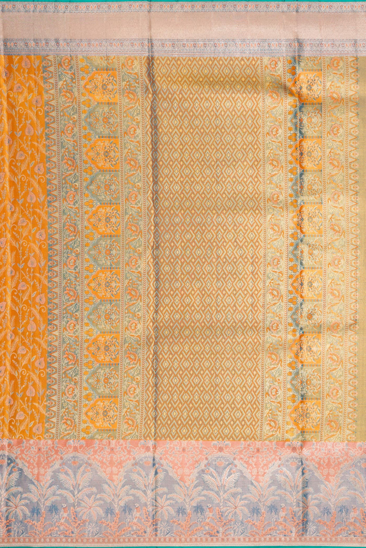 Close up image of the pallu of Gold Dual Tone Kanjivaram Tissue Silk Saree with Zari Brocade on the body and Fancy Border. 