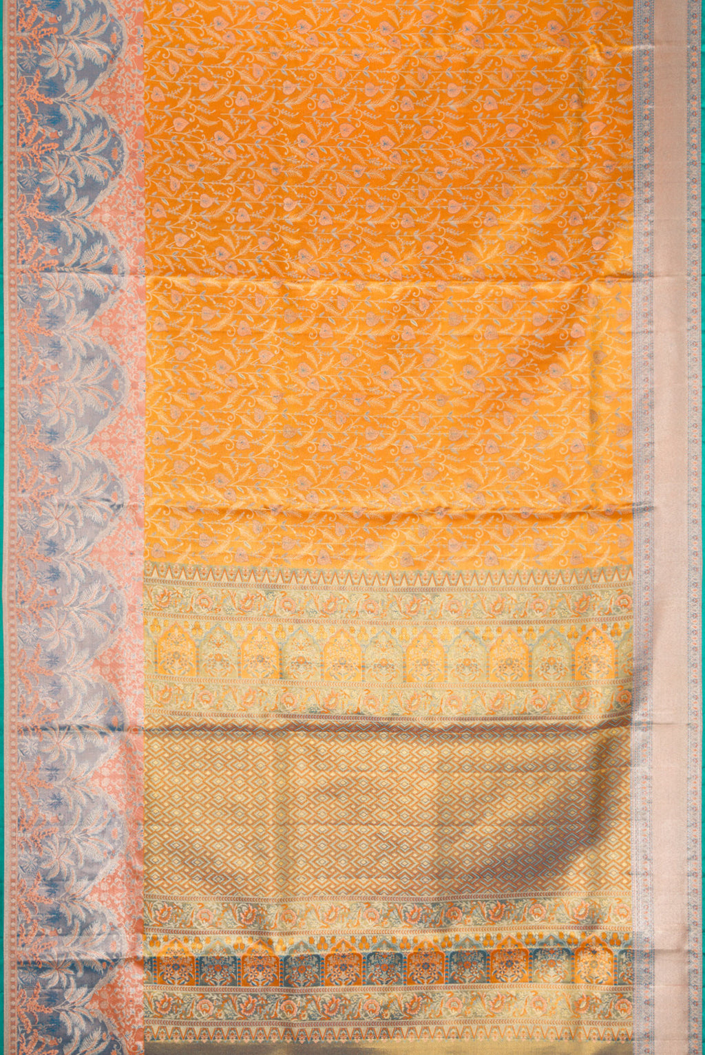 Flat view of Gold Dual Tone Kanjivaram Tissue Silk Saree with Zari Brocade on the body and Fancy Border. 