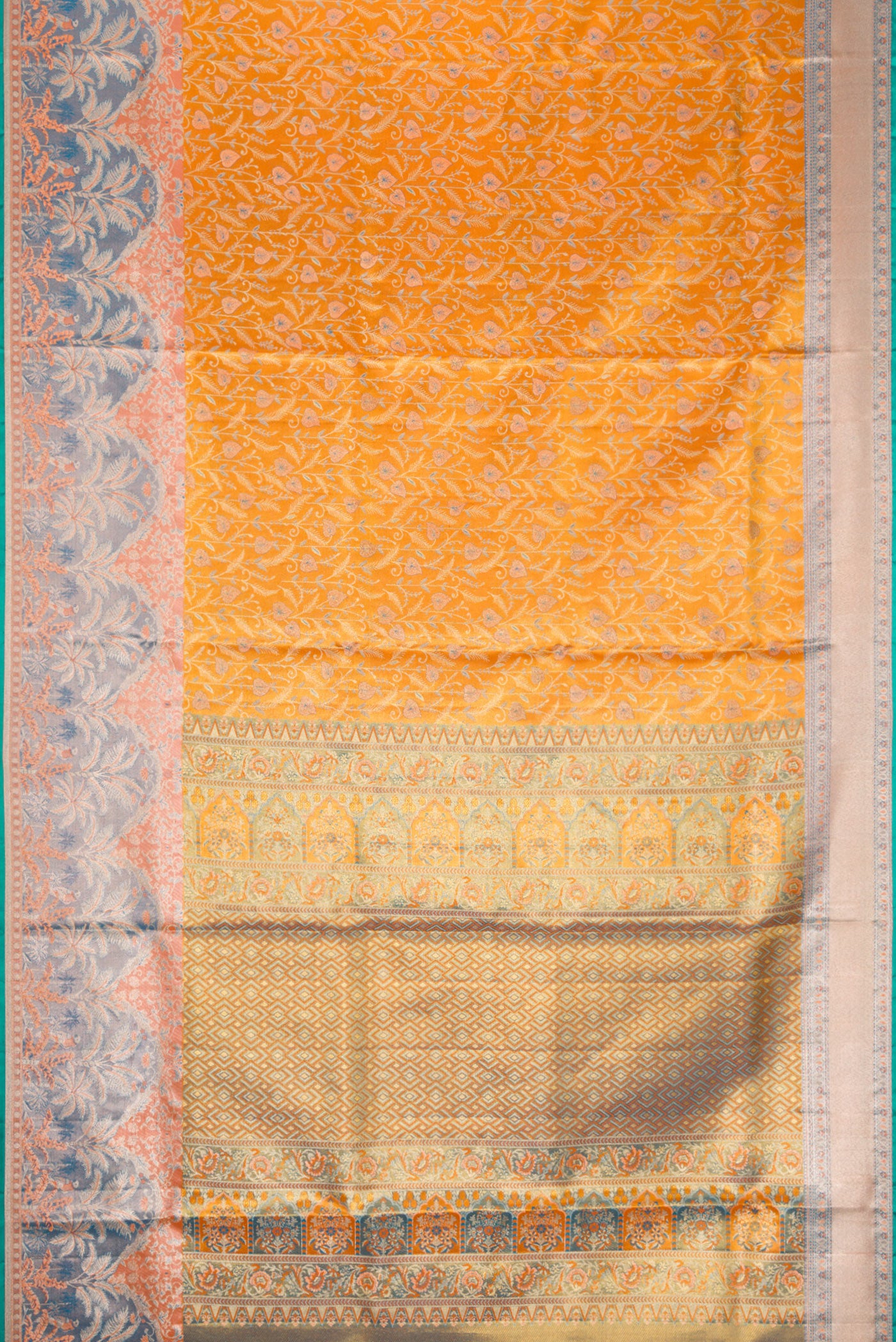 Flat view of Gold Dual Tone Kanjivaram Tissue Silk Saree with Zari Brocade on the body and Fancy Border. 