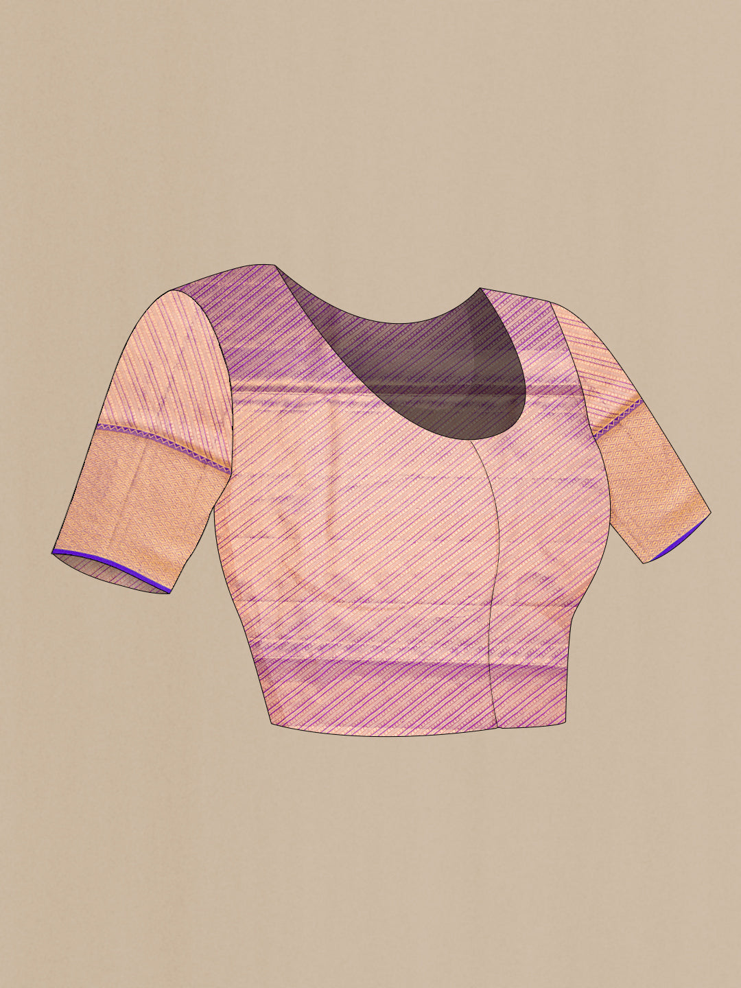 Close up image of the blouse of Peach Dual Tone Kanjivaram Tissue Silk Saree with Zari Brocade on the body and Fancy Border. 