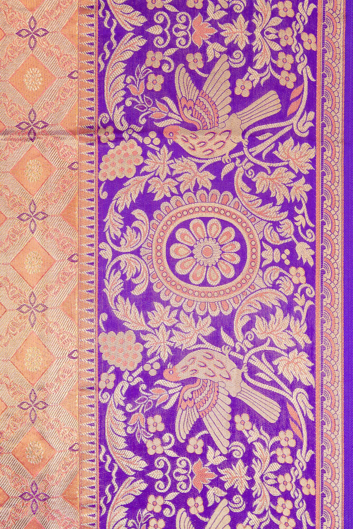Border image of Peach Dual Tone Kanjivaram Tissue Silk Saree with Zari Brocade on the body and Fancy Border. 