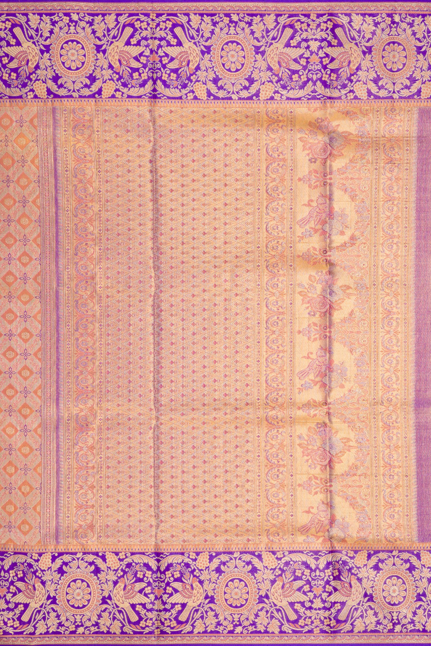 Close up image of the pallu of Peach Dual Tone Kanjivaram Tissue Silk Saree with Zari Brocade on the body and Fancy Border. 