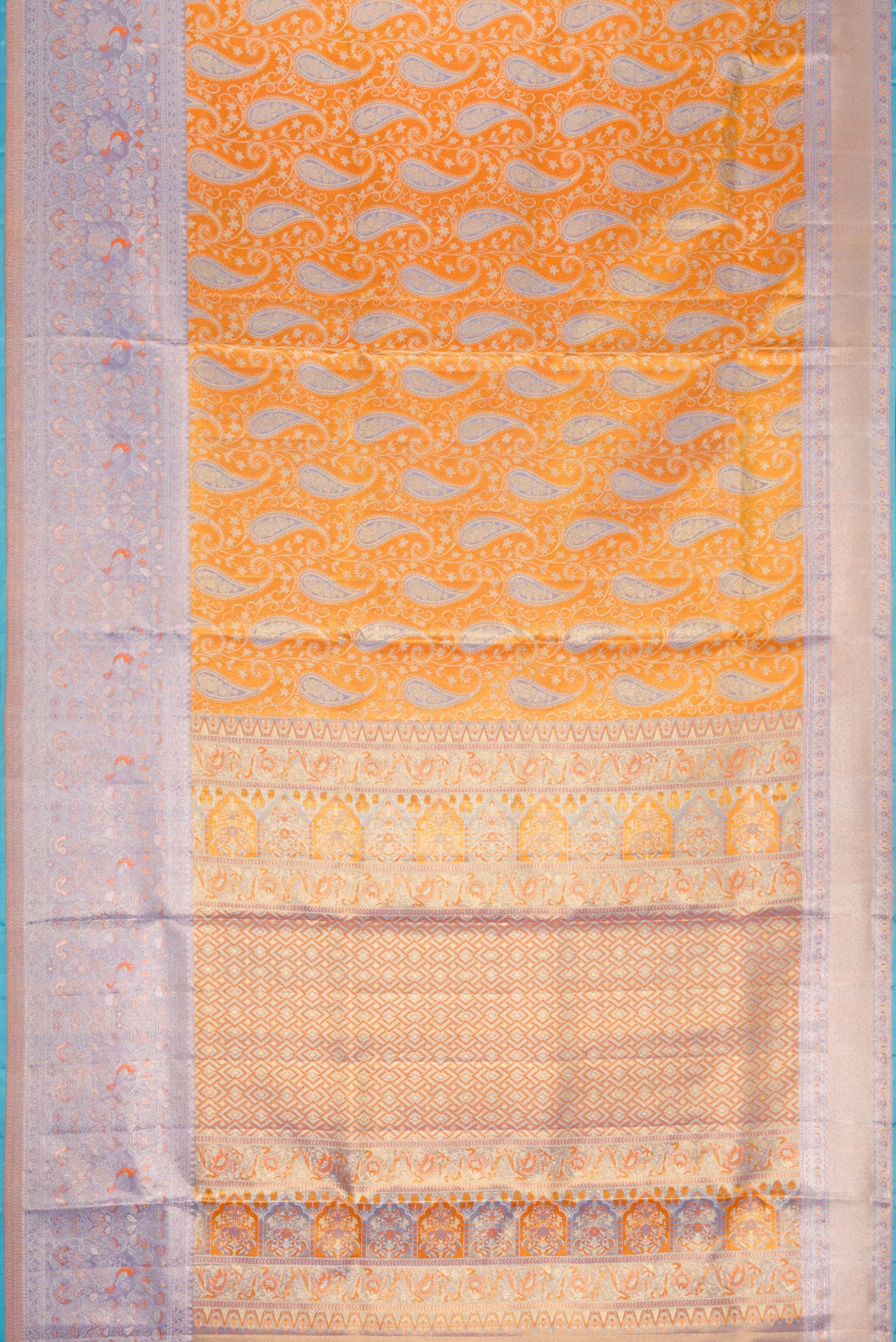 Flat view of Orange Dual Tone Kanjivaram Tissue Silk Saree with Zari Brocade on the body and Zari Border. 