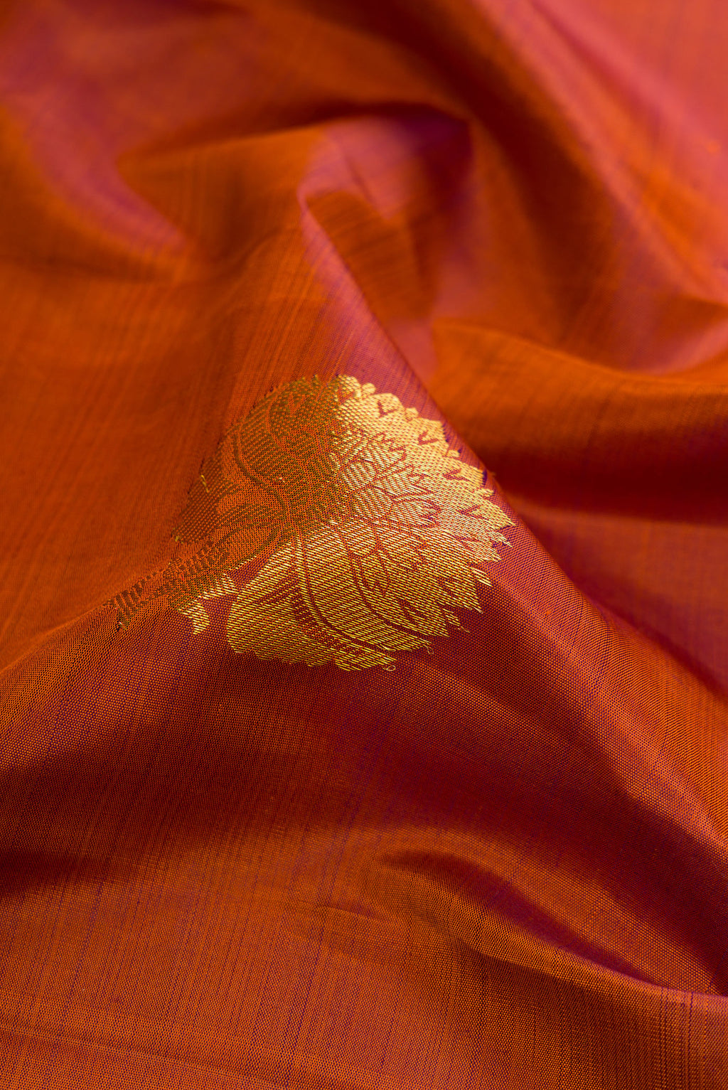 Close up of Brown Dual Tone Kanjivaram Silk Saree with Zari Butta on the body and Zari Border.  displaying folds