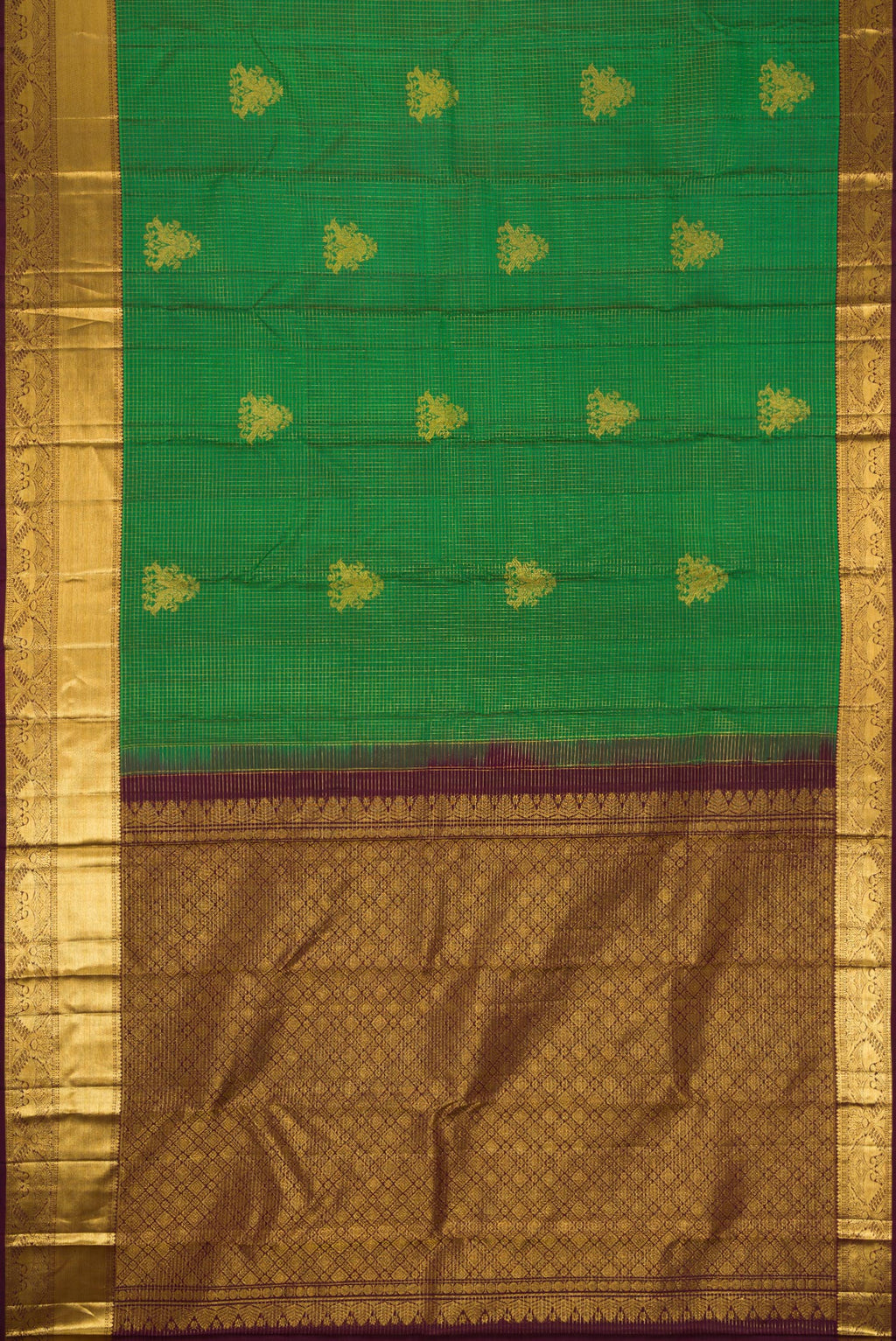 Flat view of Green Dual Tone Kanchipuram Silk Saree with Stripes on the body and Zari Border. 