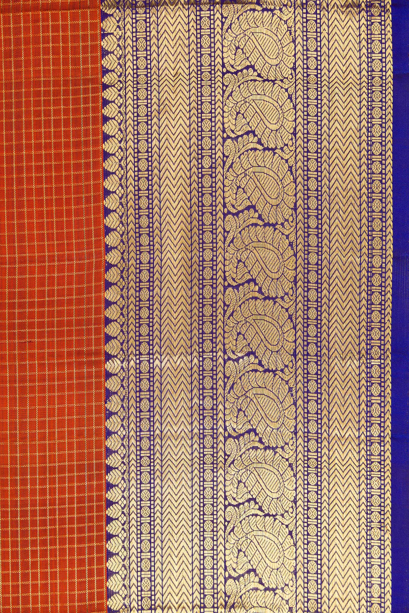 Border image of Orange Dual Tone Kanchipuram Silk Saree with Checked design on the body and Zari Border. 