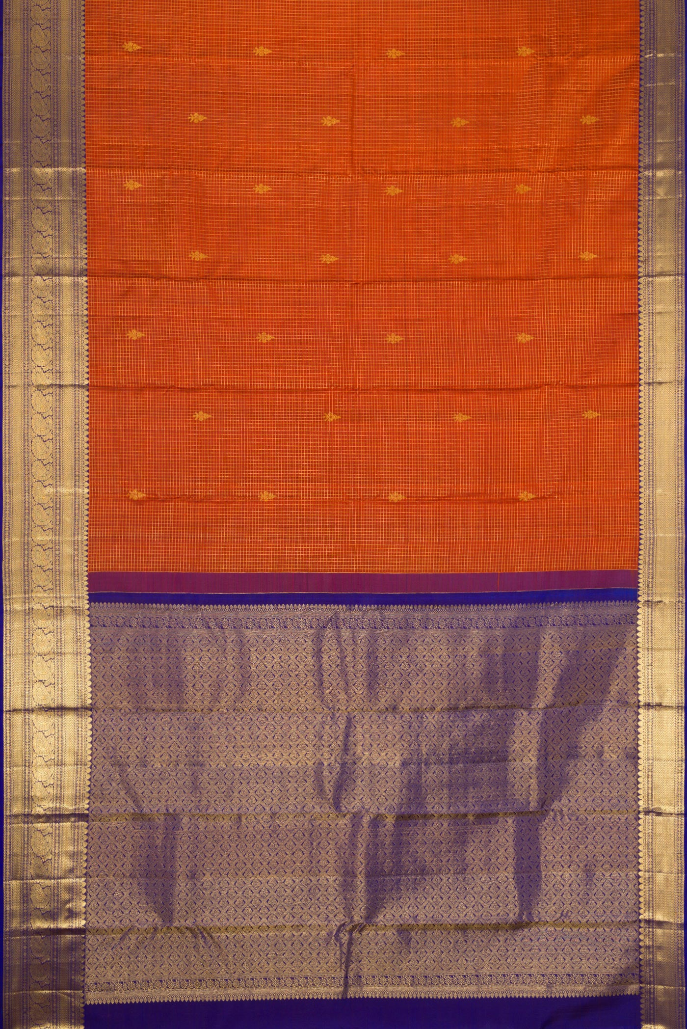 Flat view of Orange Dual Tone Kanchipuram Silk Saree with Checked design on the body and Zari Border. 