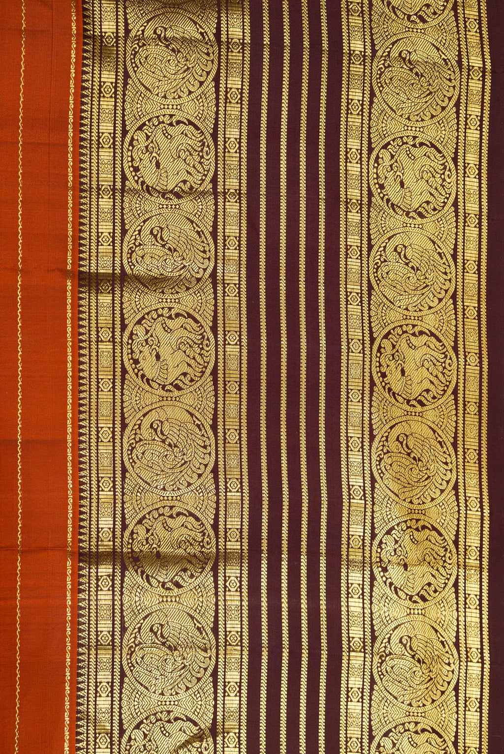 Border image of Brick Orange Dual Tone Kanchipuram Silk Saree with Stripes on the body and Zari Border. 