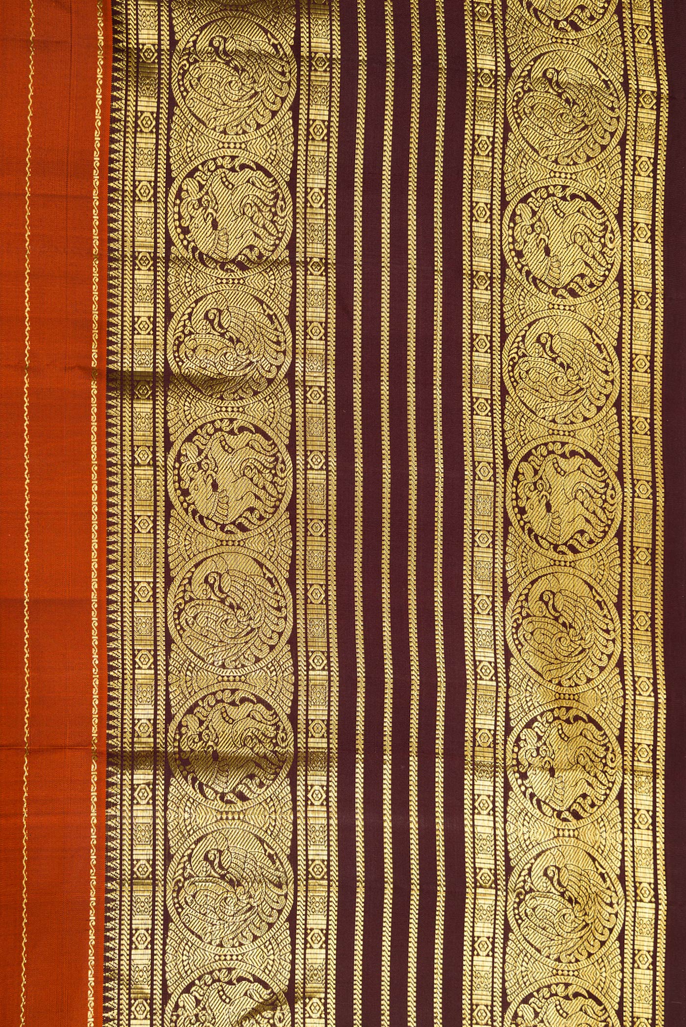 Border image of Brick Orange Dual Tone Kanchipuram Silk Saree with Stripes on the body and Zari Border. 