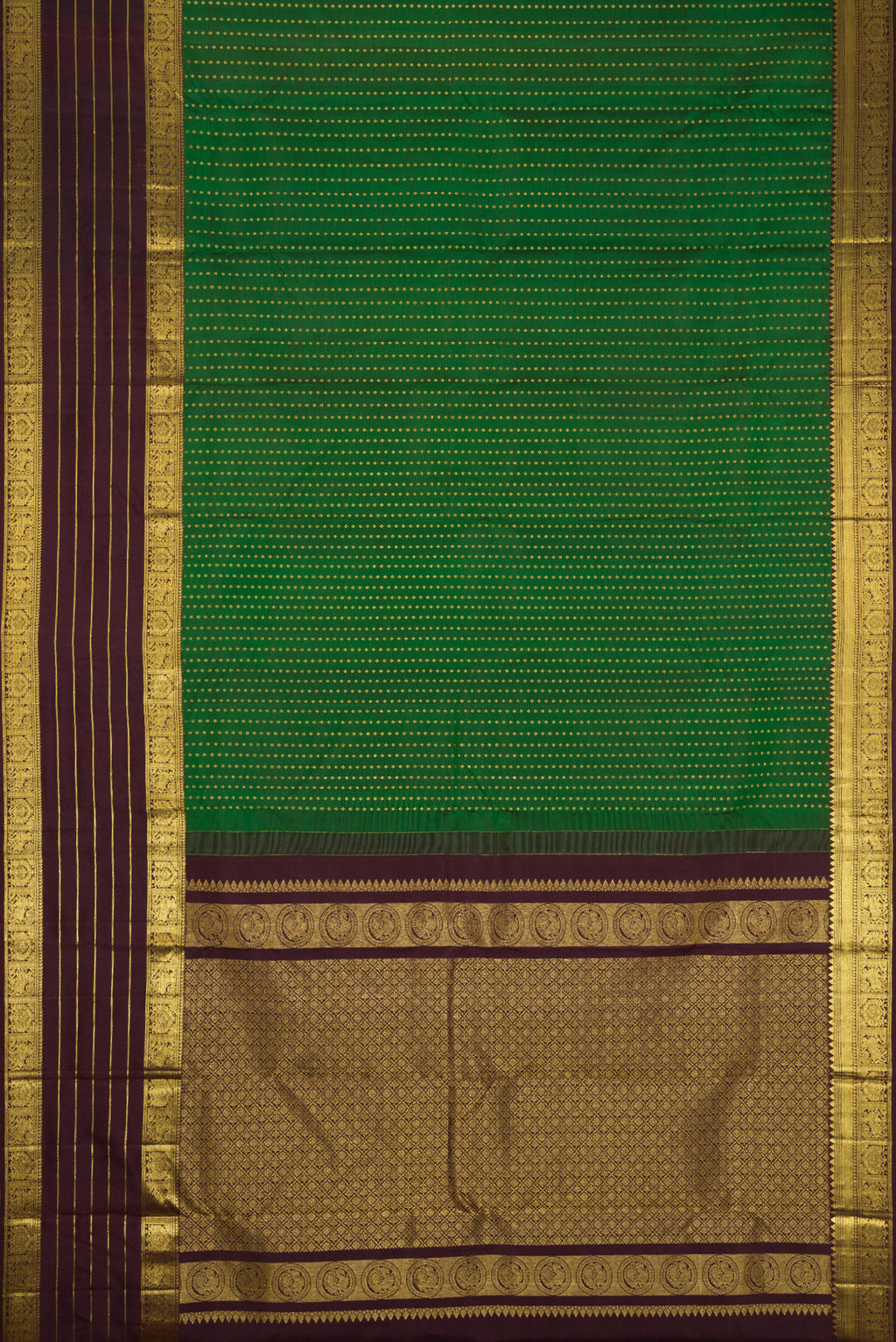 Flat view of Bottle Green Dual Tone Kanchipuram Silk Saree with Stripes on the body and Zari Border. 