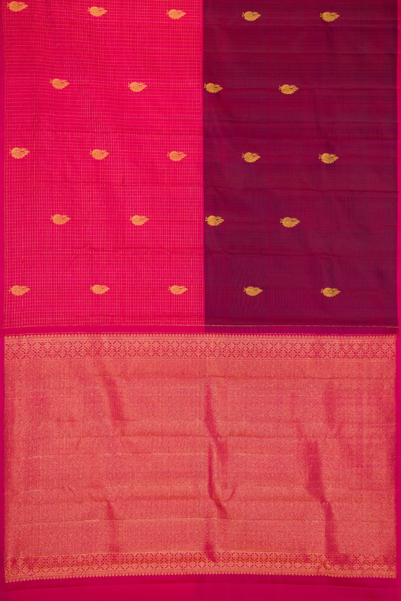 Flat view of Burgundy and Pink Color Kanchipuram Silk Saree with Half And Half on the body and Without Border. 