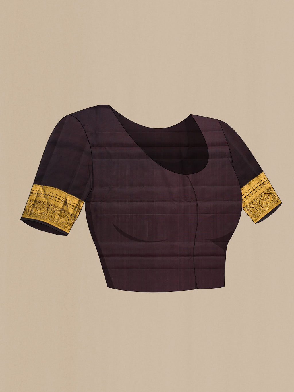 Close up image of the blouse of Coffee Brown Dual Tone Kanjivaram Silk Saree with Zari Butta on the body and Zari Border. 
