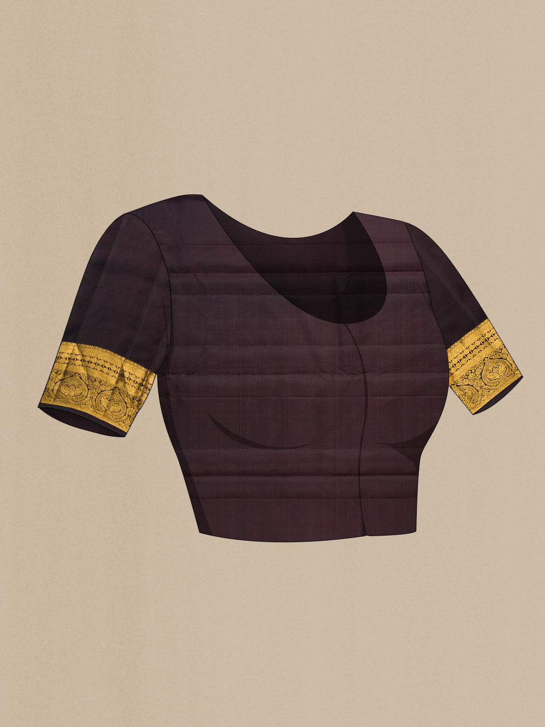 Close up image of the blouse of Coffee Brown Dual Tone Kanjivaram Silk Saree with Zari Butta on the body and Zari Border. 