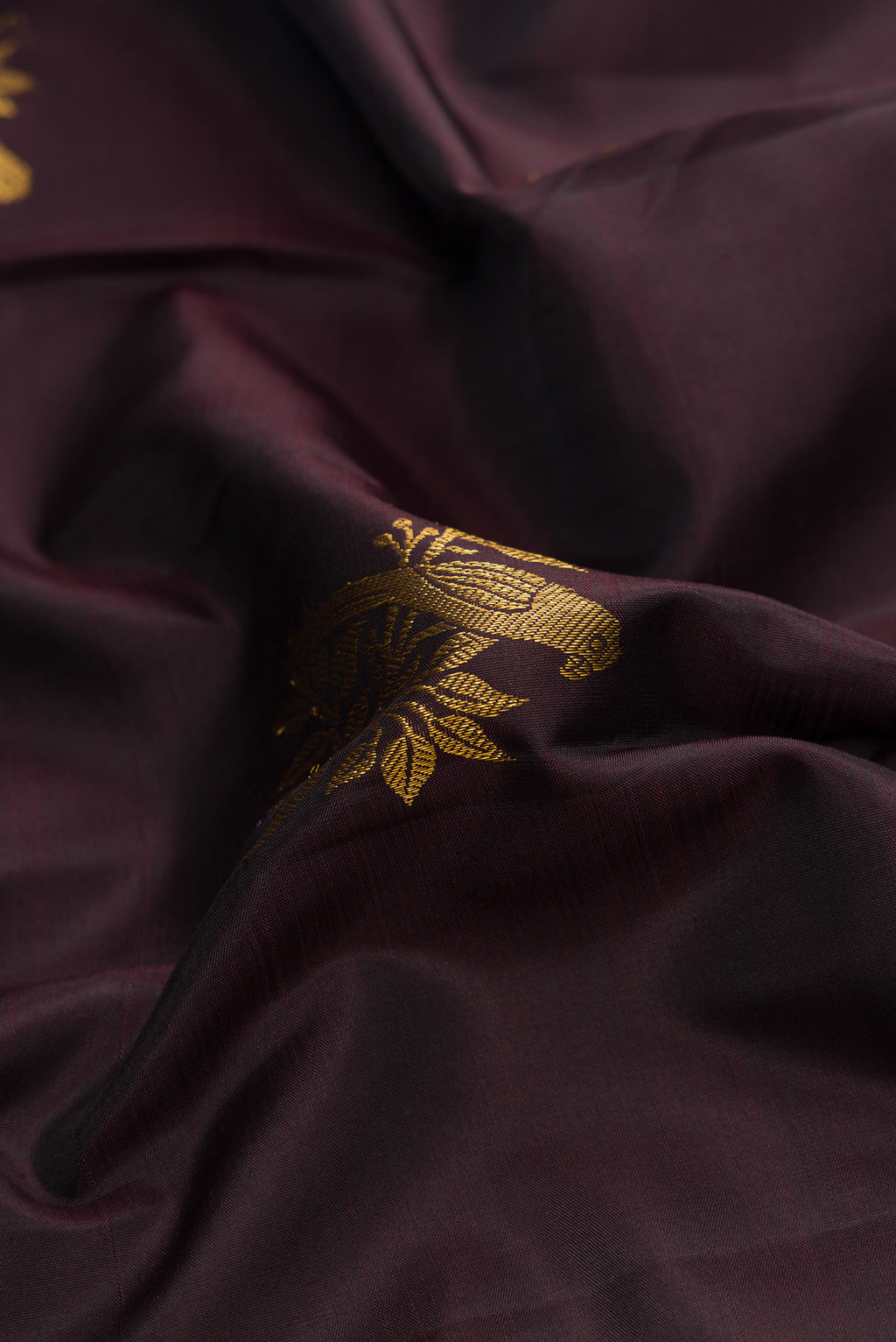 Close up of Coffee Brown Dual Tone Kanjivaram Silk Saree with Zari Butta on the body and Zari Border.  displaying folds