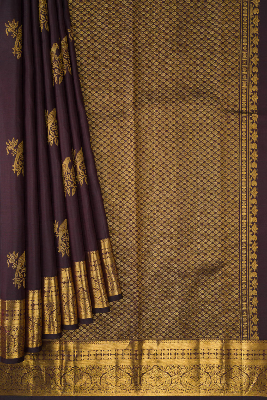 Pleats and pallu of Coffee Brown Dual Tone Kanjivaram Silk Saree with Zari Butta on the body and Zari Border. 