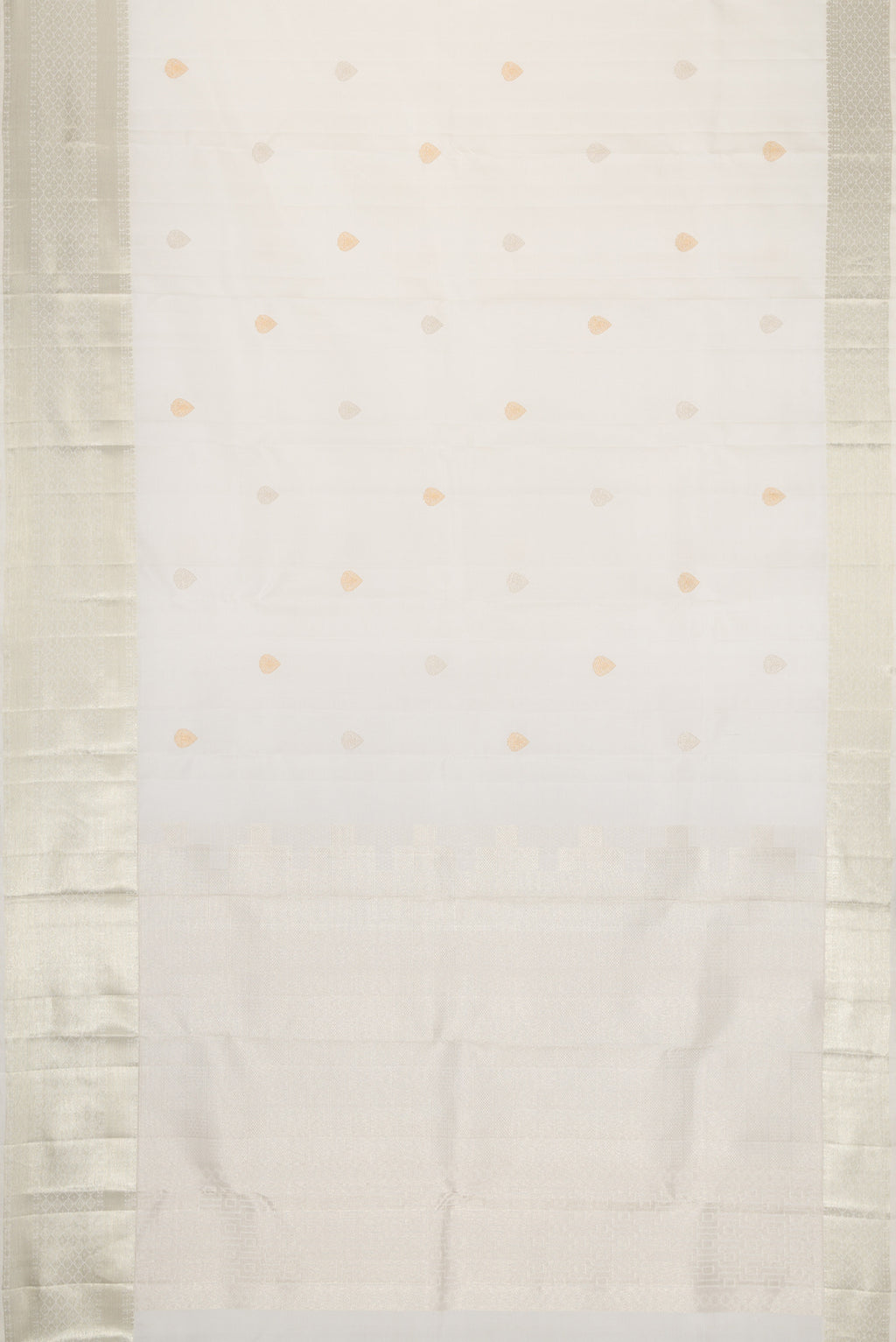 Flat view of White Dual Tone Kanchipuram Silk Saree with Zari Butta on the body and Zari Border. 