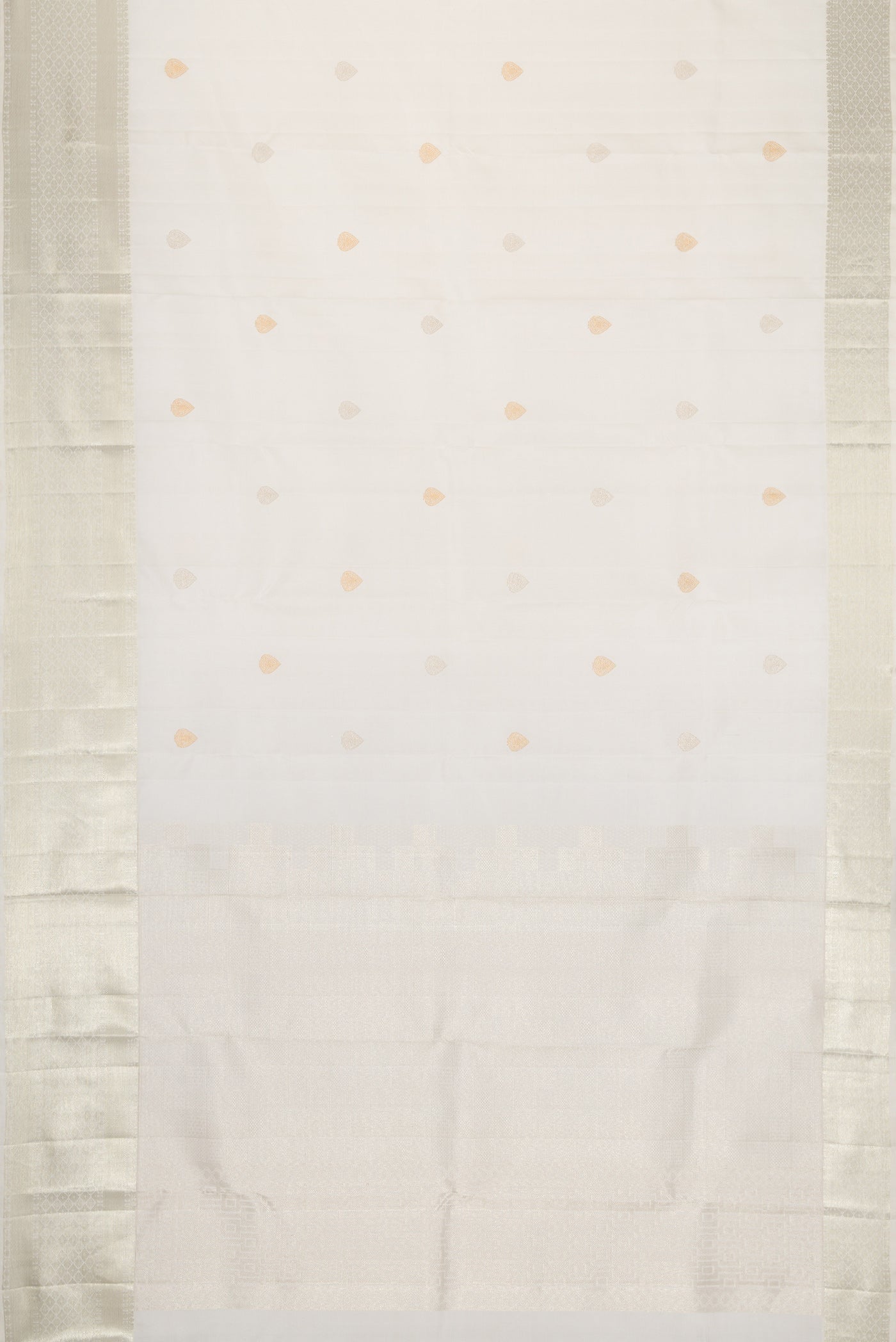 Flat view of White Dual Tone Kanchipuram Silk Saree with Zari Butta on the body and Zari Border. 