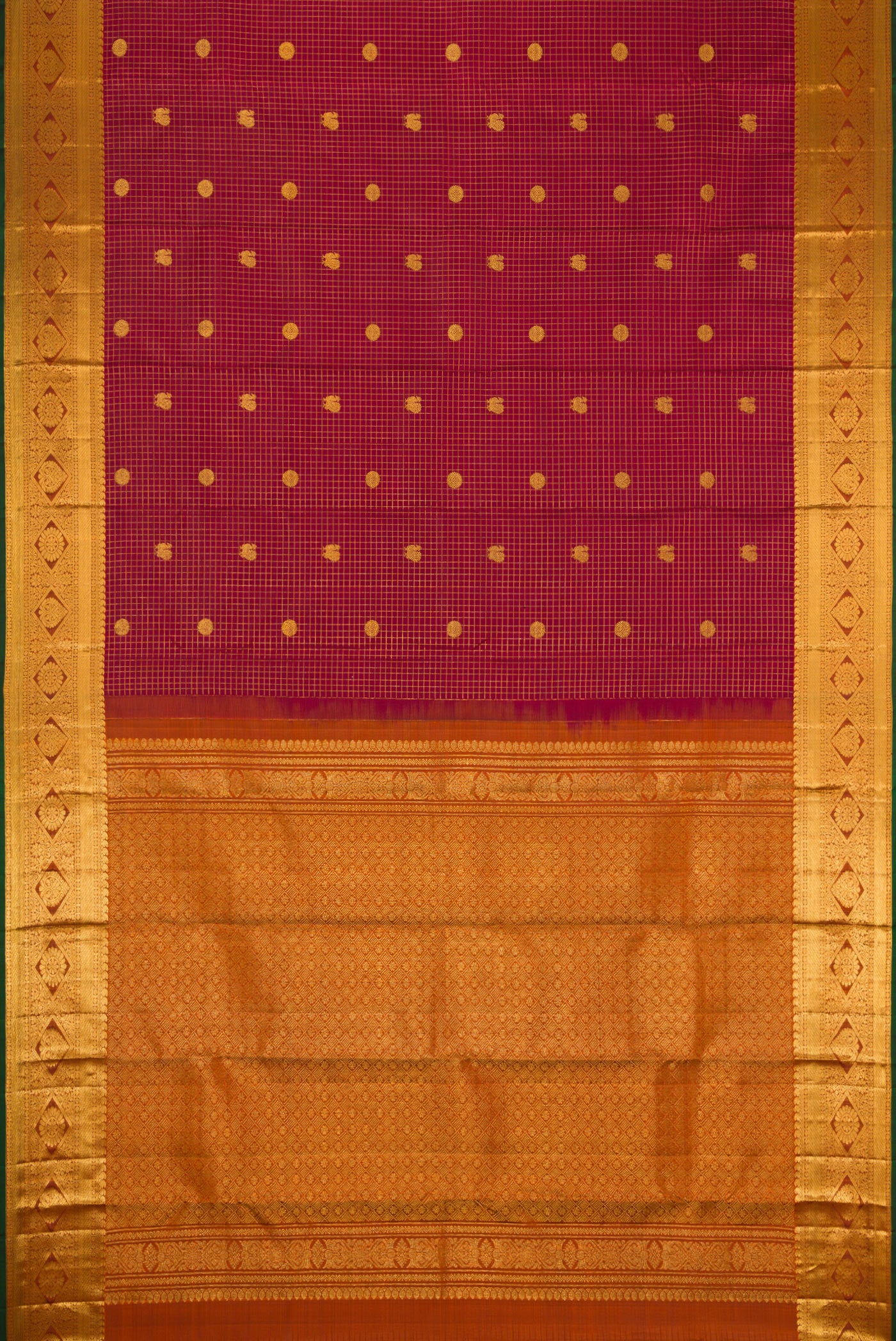Flat view of Maroon Dual Tone Kanjivaram Silk Saree with Checked design on the body and Zari Border. 