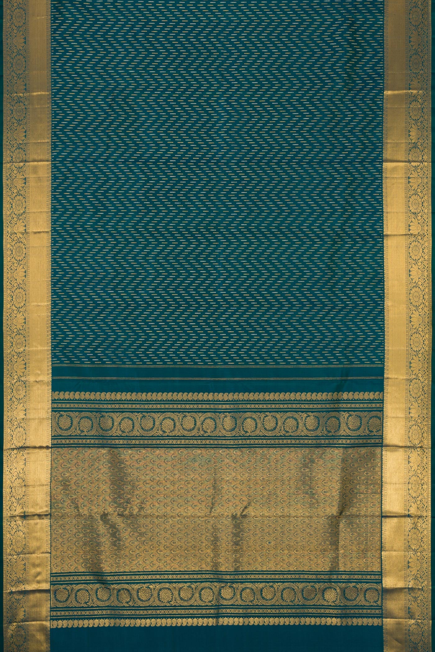 Flat view of Green Dual Tone Kanjivaram Silk Saree with Zari Brocade on the body and Zari Border. 