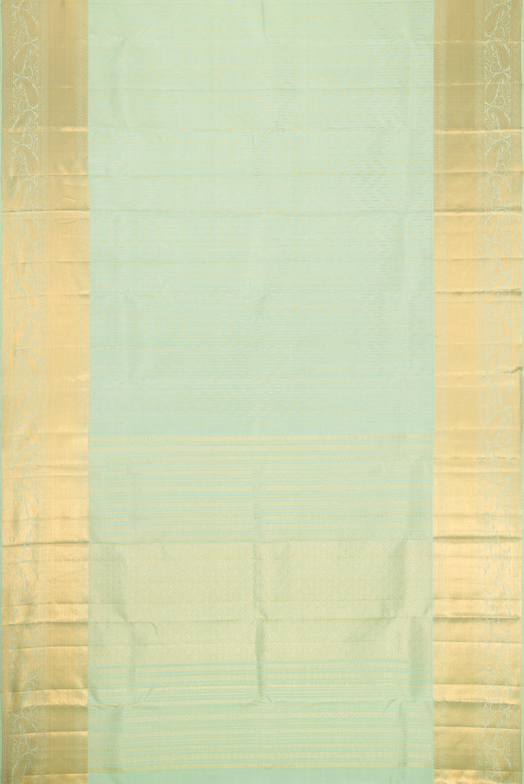 Flat view of Pista Green Dual Tone Kanjivaram Silk Saree with Zari Brocade on the body and Zari Border. 