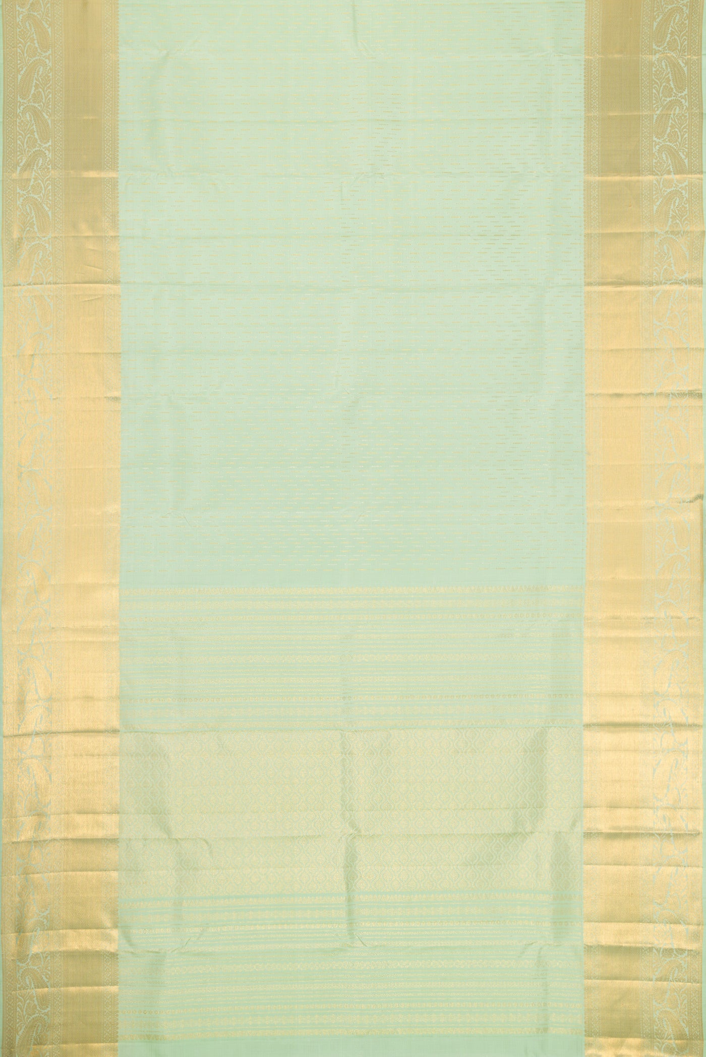 Flat view of Pista Green Dual Tone Kanjivaram Silk Saree with Zari Brocade on the body and Zari Border. 