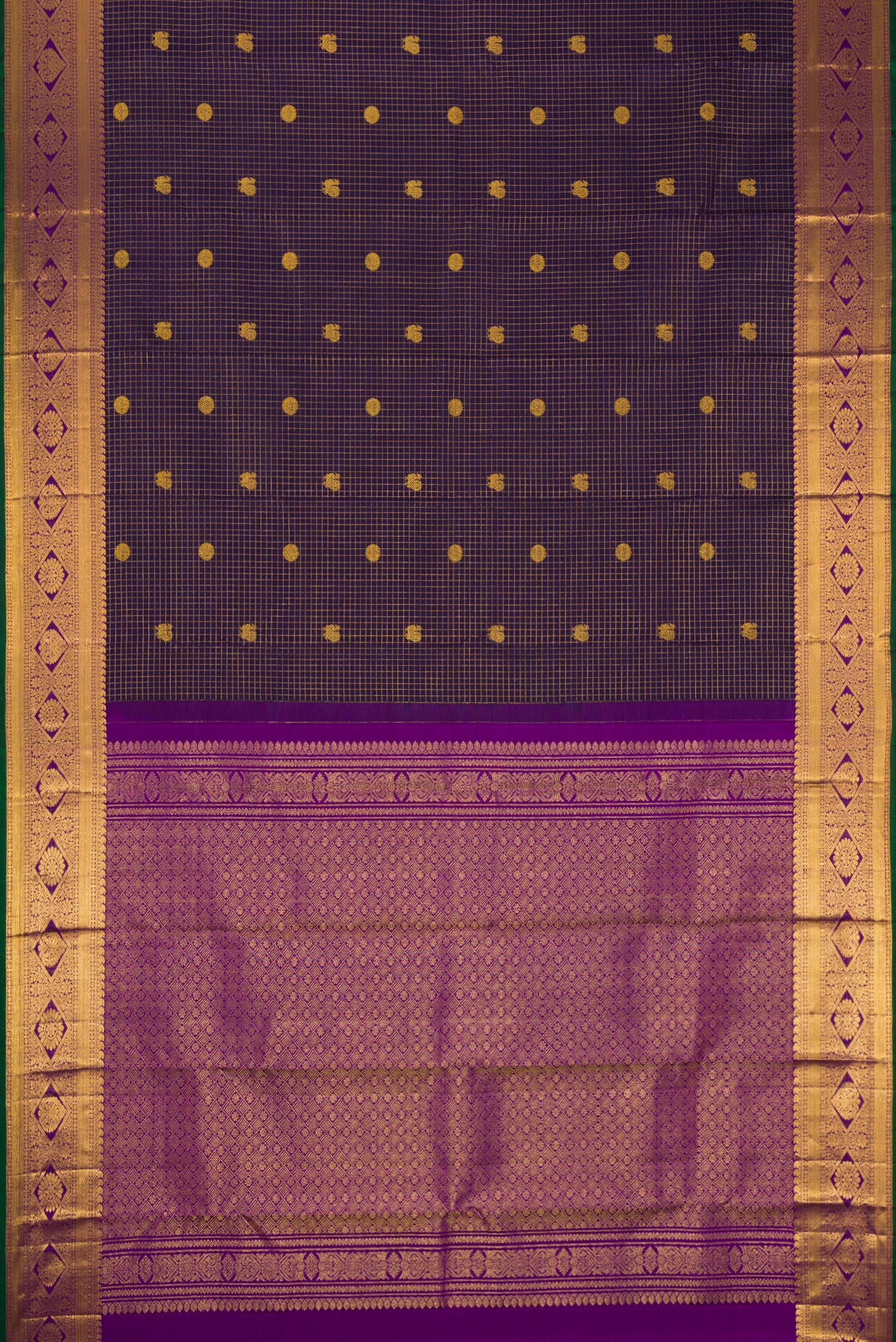 Flat view of Navy Blue Dual Tone Kanjivaram Silk Saree with Checked design on the body and Zari Border. 