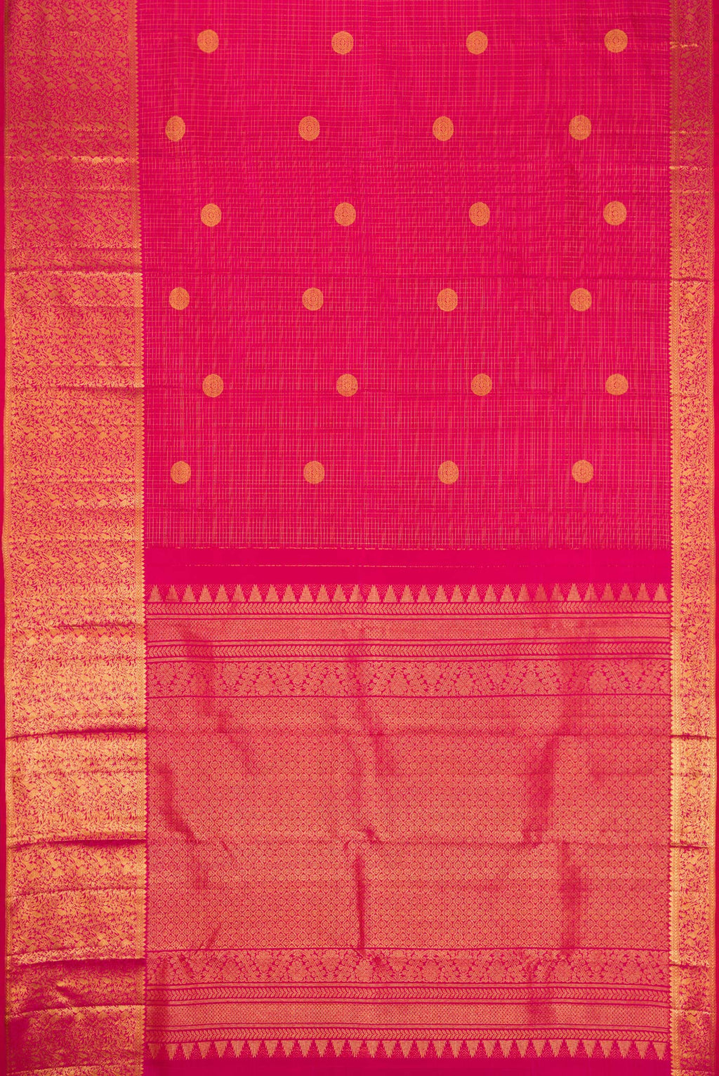 Flat view of Pink Dual Tone Kanjivaram Silk Saree with Checked design on the body and Fancy Border. 