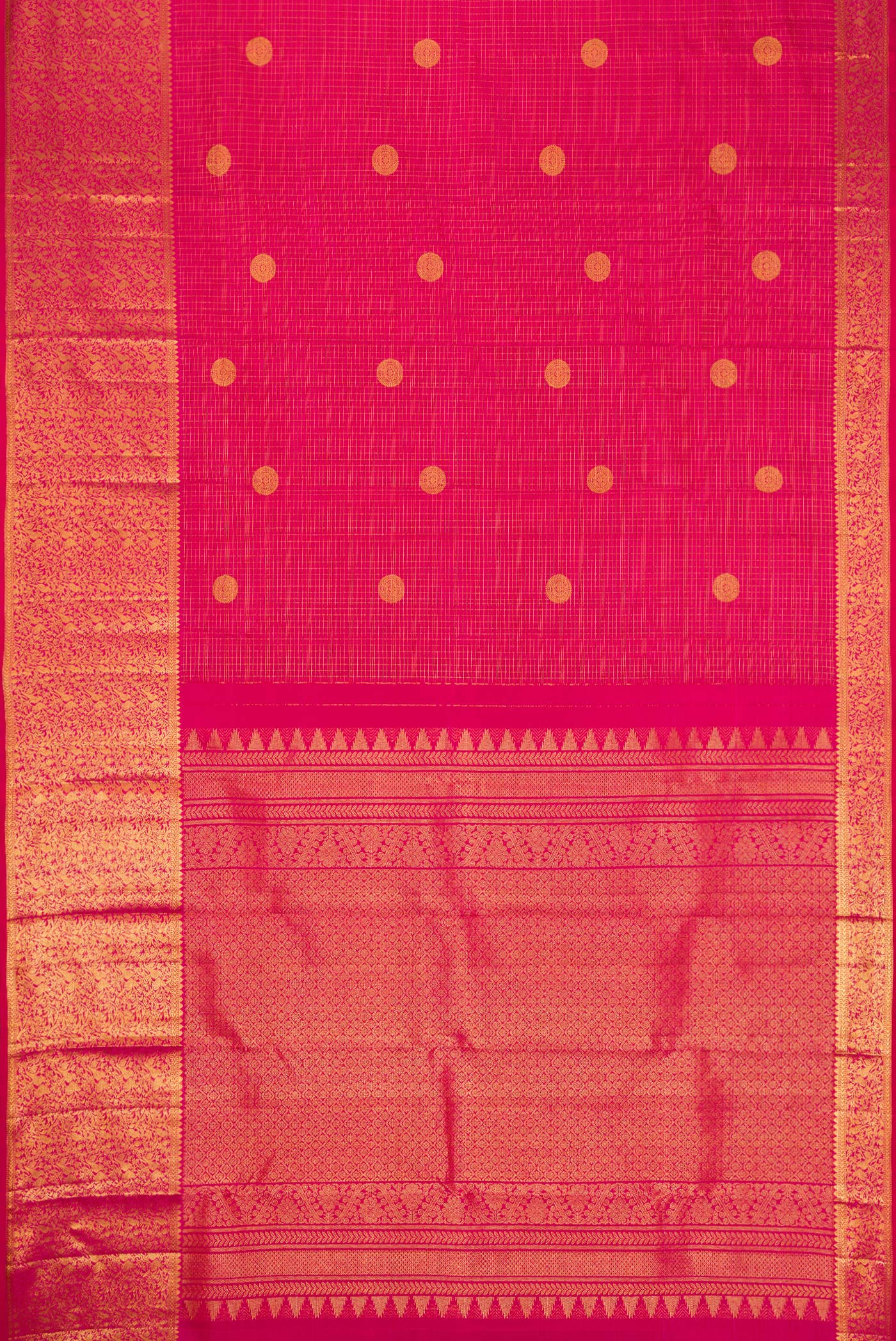 Flat view of Pink Dual Tone Kanjivaram Silk Saree with Checked design on the body and Fancy Border. 