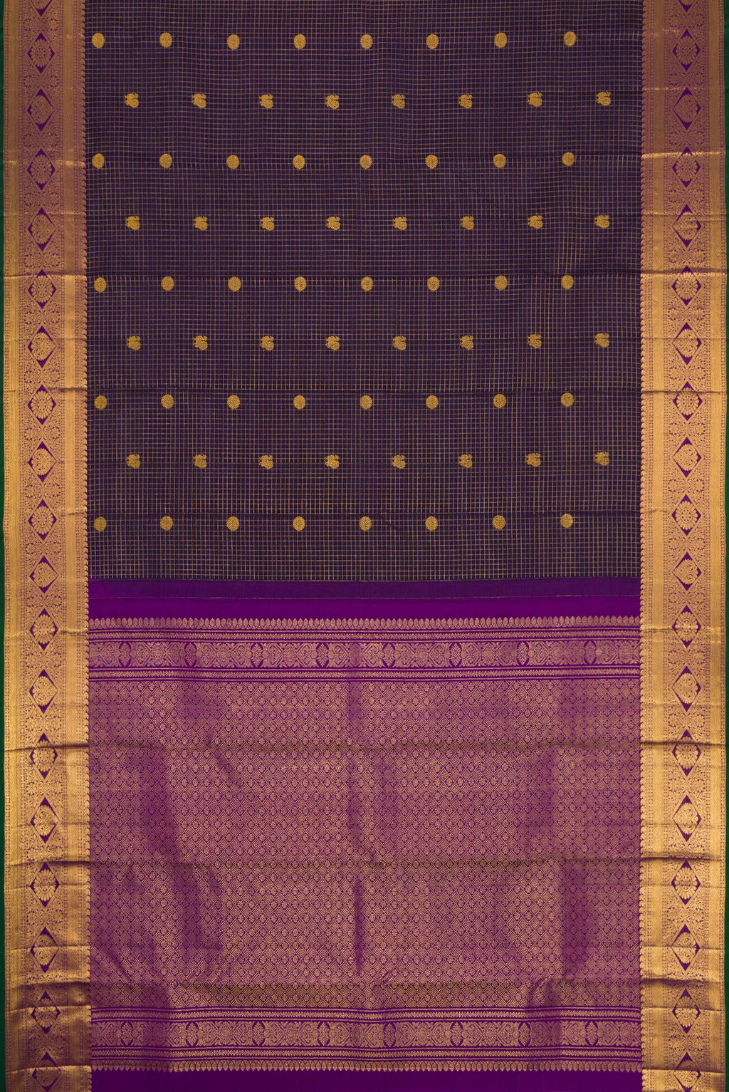 Flat view of Navy Blue Dual Tone Kanjivaram Silk Saree with Checked design on the body and Zari Border. 