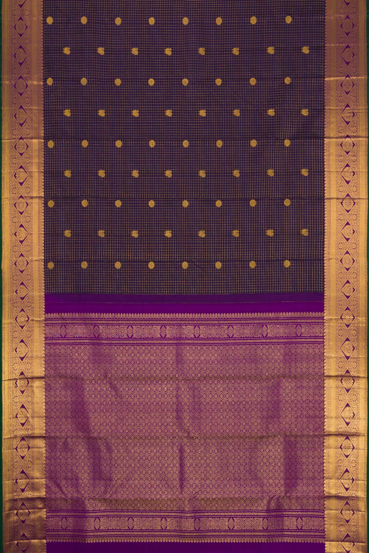 Flat view of Navy Blue Dual Tone Kanjivaram Silk Saree with Checked design on the body and Zari Border. 