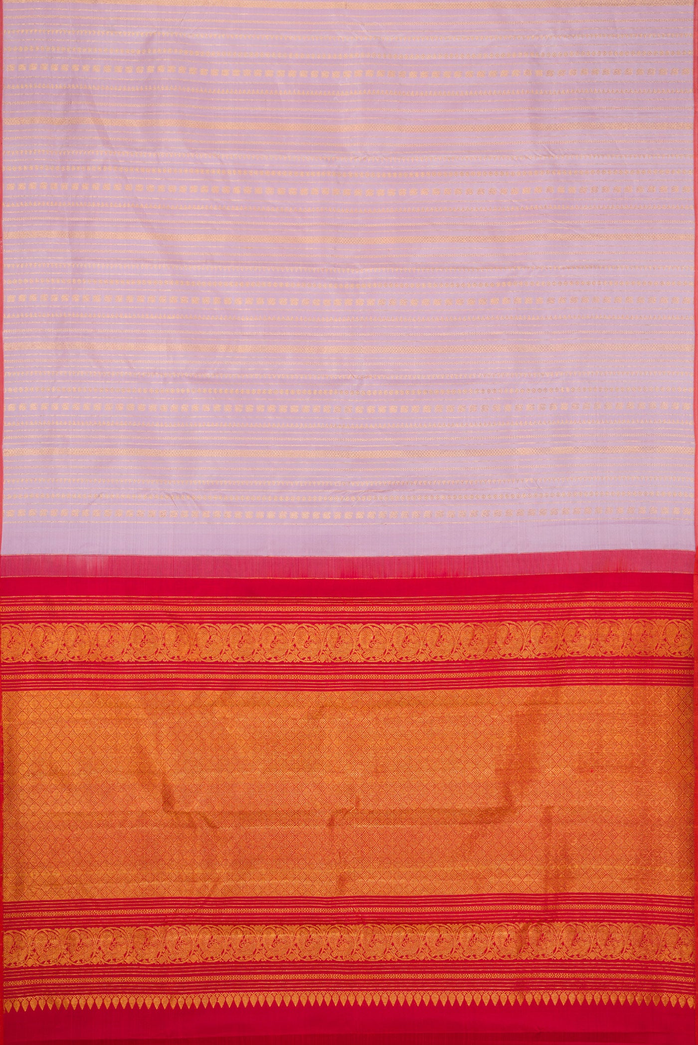 Flat view of Lavender Dual Tone Kanchipuram Silk Saree with Stripes on the body and Without Border. 