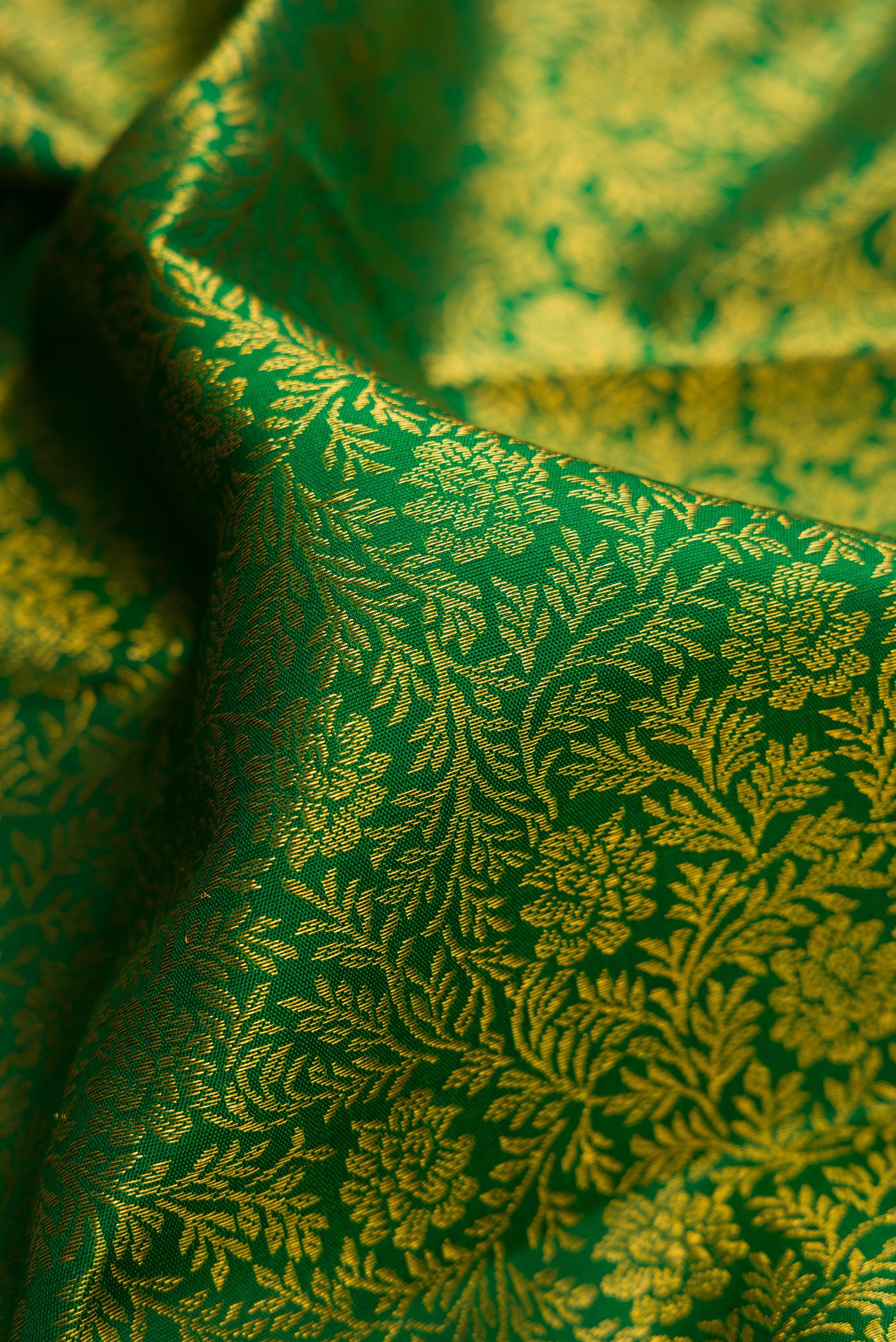 Close up of Bottle Green Dual Tone Kanchipuram Silk Saree with Zari Brocade on the body and Zari Border.  displaying folds