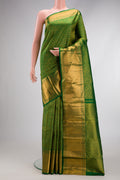 Bottle Green Dual Tone Kanchipuram Silk Saree with Zari Brocade on the body and Zari Border.  displayed on a mannequin